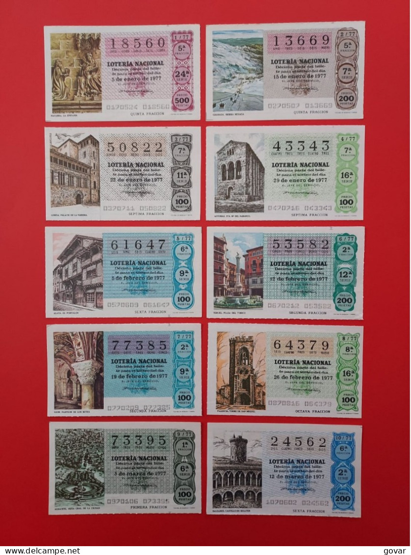 AÑO 1977 COMPLETO LOTERÍA NACIONAL ESPAÑA, SÁBADOS, TODOS LOS DECIMOS DEL AÑO - Billets De Loterie