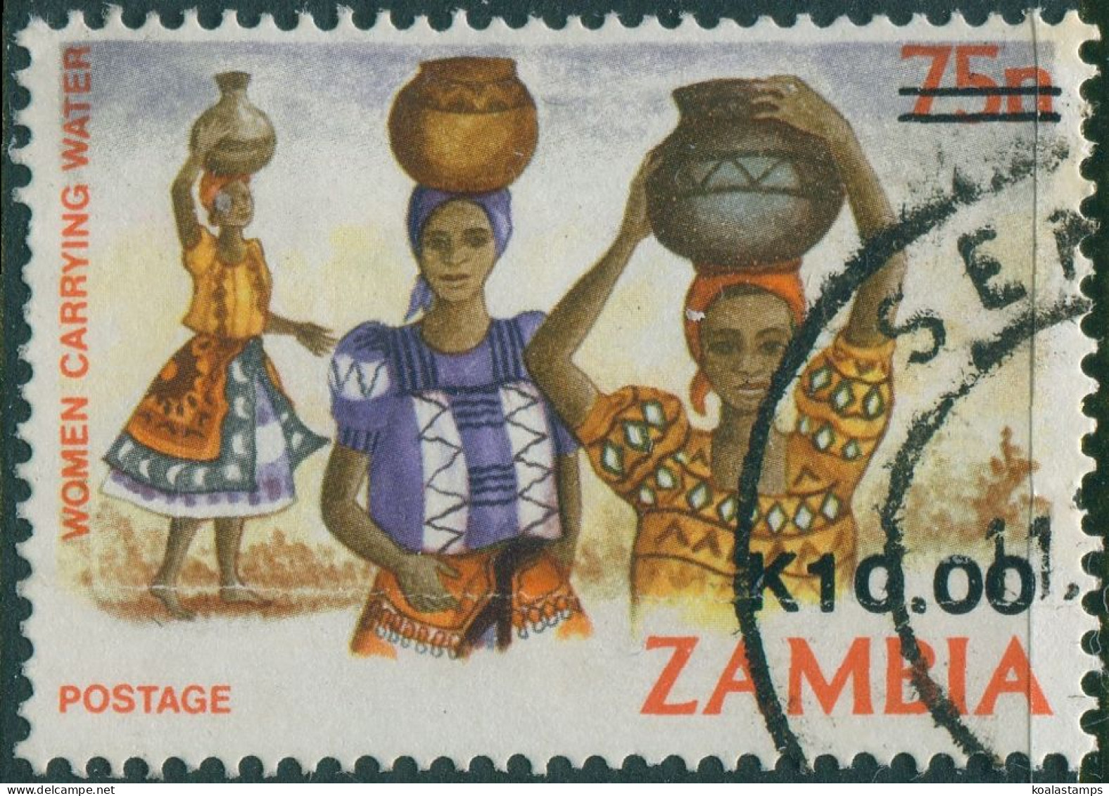 Zambia 1989 SG583 K10.00 On 75n Women Carrying Water FU - Zambia (1965-...)