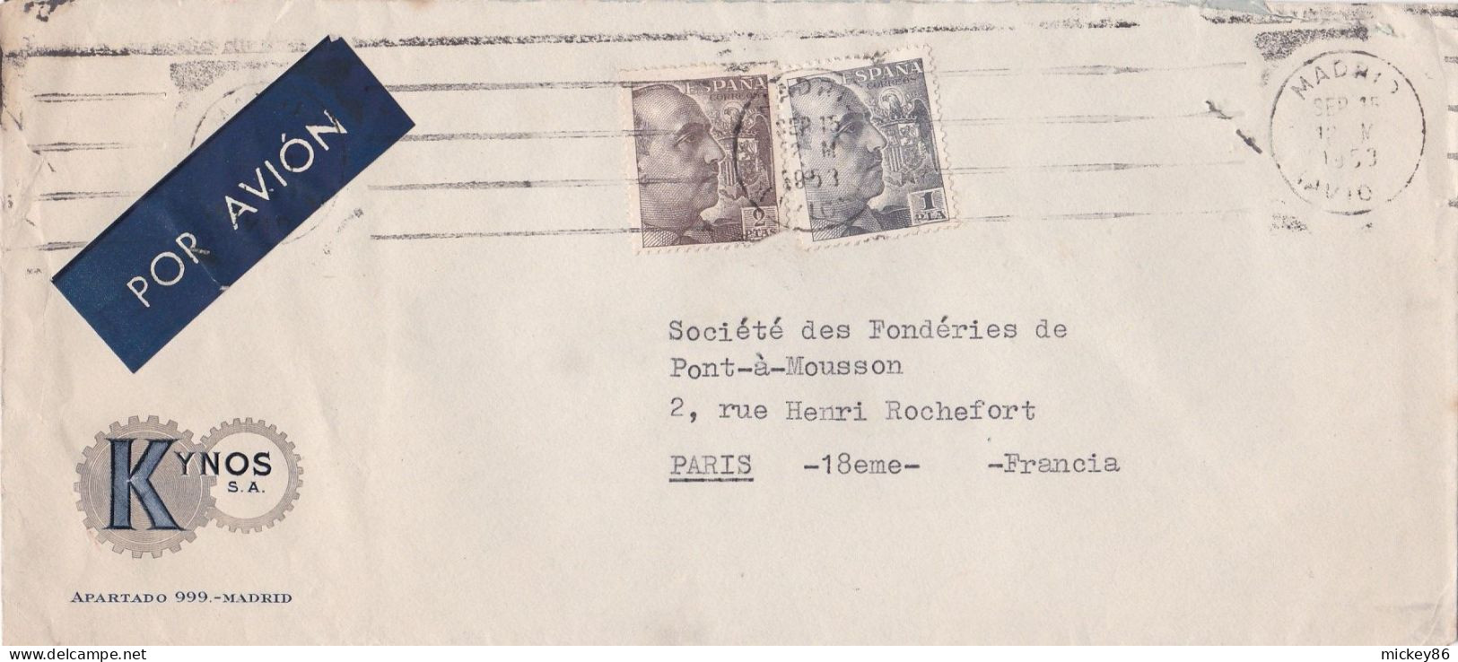 ESPAGNE--1953--Lettre De Madrid  Pour Paris 18° ..timbres..cachet Mécanique...personnalisée  KYNOS S.a - Covers & Documents