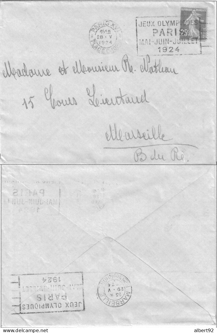 1924 Jeux Olympiques De Paris: Lettre Combinaison De 2 Flammes Olympiques Recto-verso Pl. Chopin, Marseille Arrivée - Summer 1924: Paris