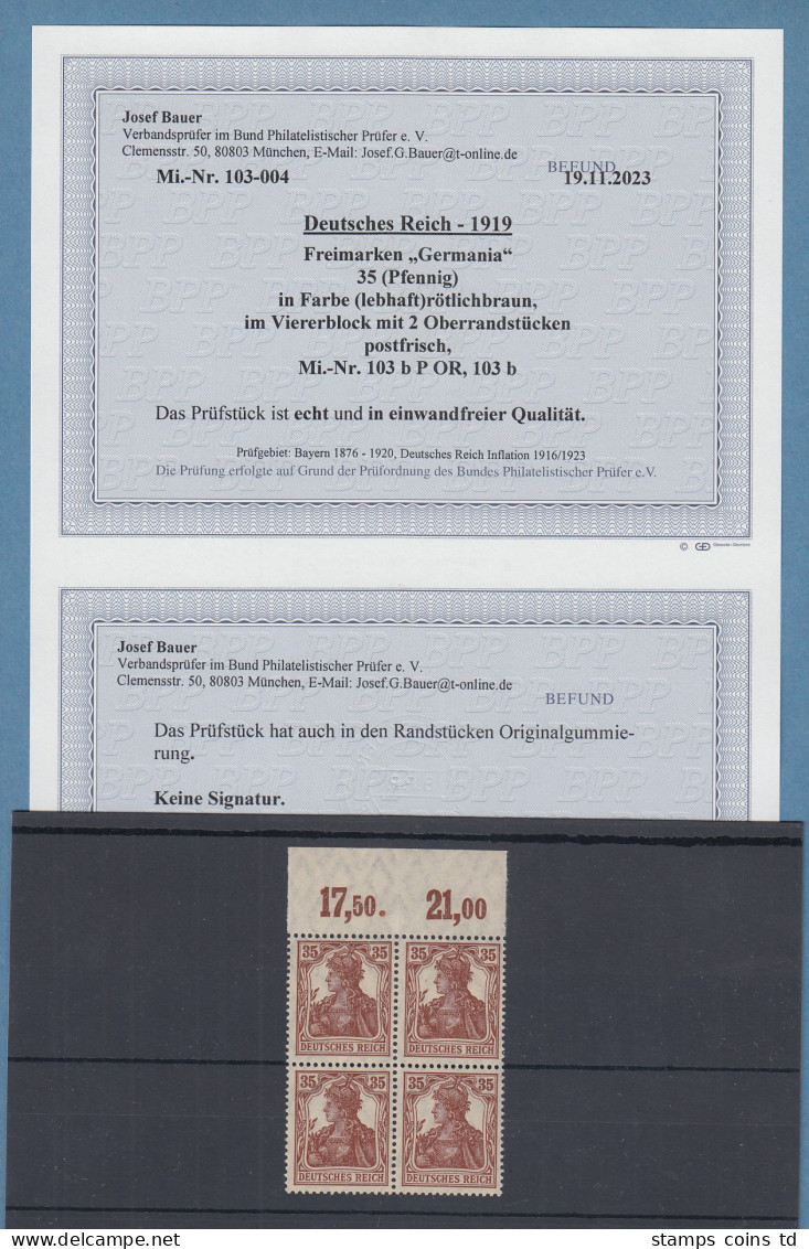 Dt. Reich 35Pfg Germania Mi.-Nr.103 B POR Viererblock ** , Gpr. Mit Befund BPP - Neufs