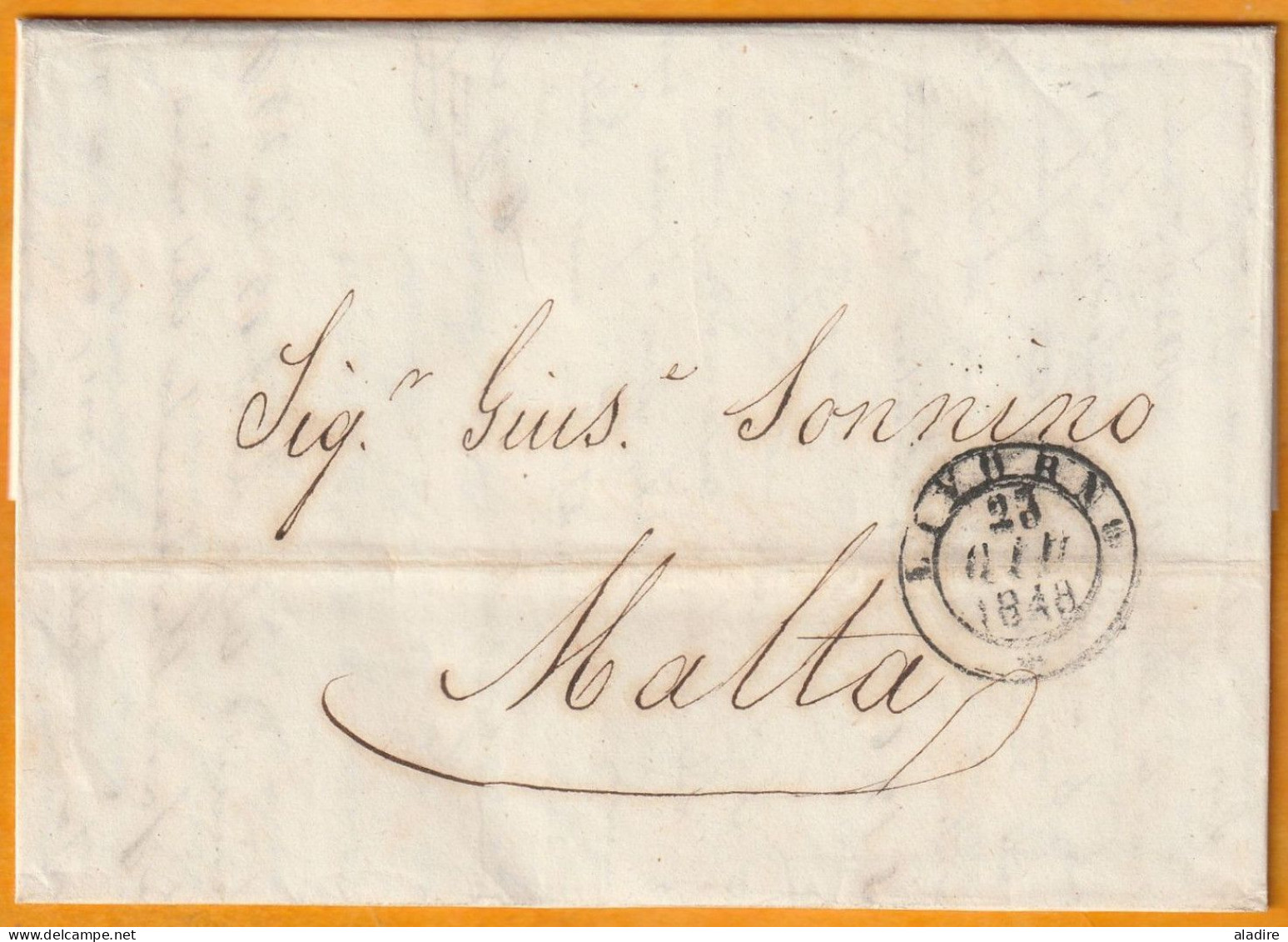 1848 - Lettre Pliée En Italien De LIVORNO Livourne Leghorn, Toscana, Italia Vers MALTA Malte, GB - 1. ...-1850 Prephilately
