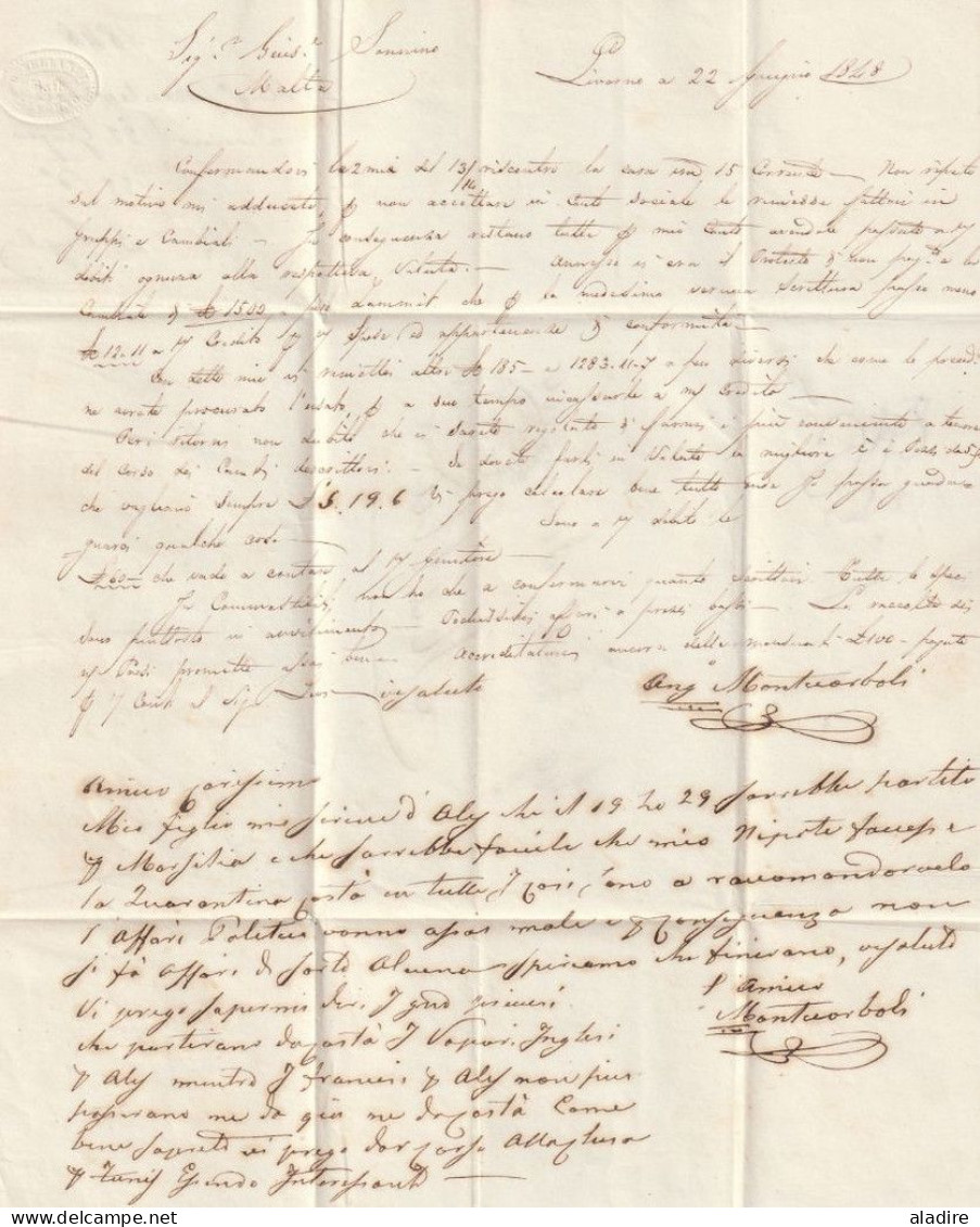 1848 - Lettre Pliée En Italien De LIVORNO Livourne Leghorn, Toscana, Italia Vers MALTA Malte, GB - 1. ...-1850 Prephilately