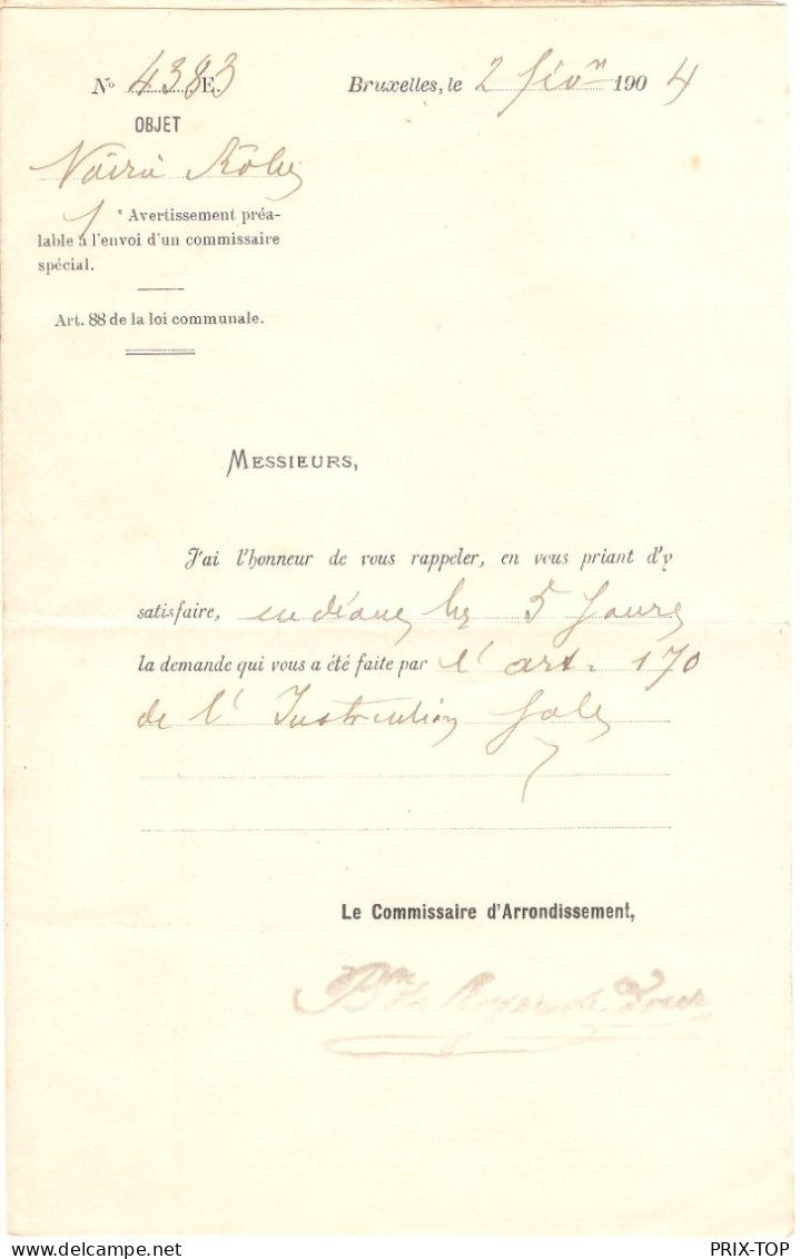 Lettre Recommandée Commissariat Arrondissement BXL Obl. BXL (Quartier Léopold) 3/2/1904 > Woluwé St Pierre - Portofreiheit