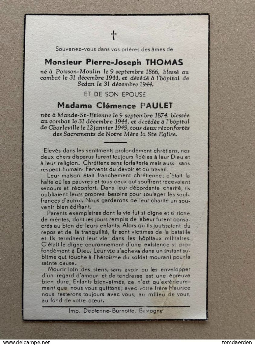 BP Pierre Joseph Thomas 1866 - 1944 + Clémence Paulet 1974 - 1945 Blessée Au Combat Sedan Charleville Poisson-Moulin - Imágenes Religiosas