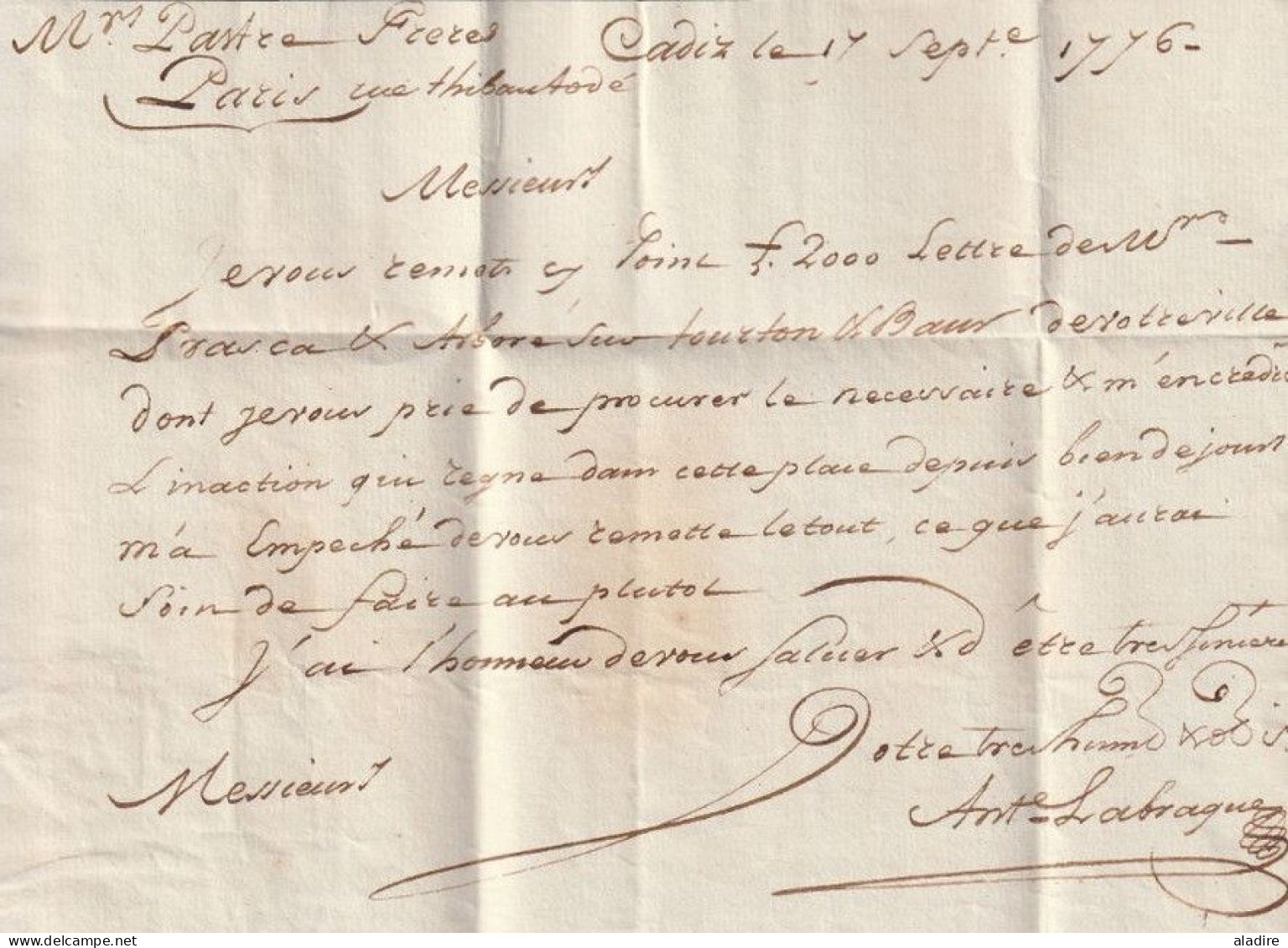 1776 - Lettre Pliée En Français De CADIZ Cadix, Espagne Vers PARIS, France - Marque Postale Andalucia Alta - Taxe 20 - ...-1850 Préphilatélie