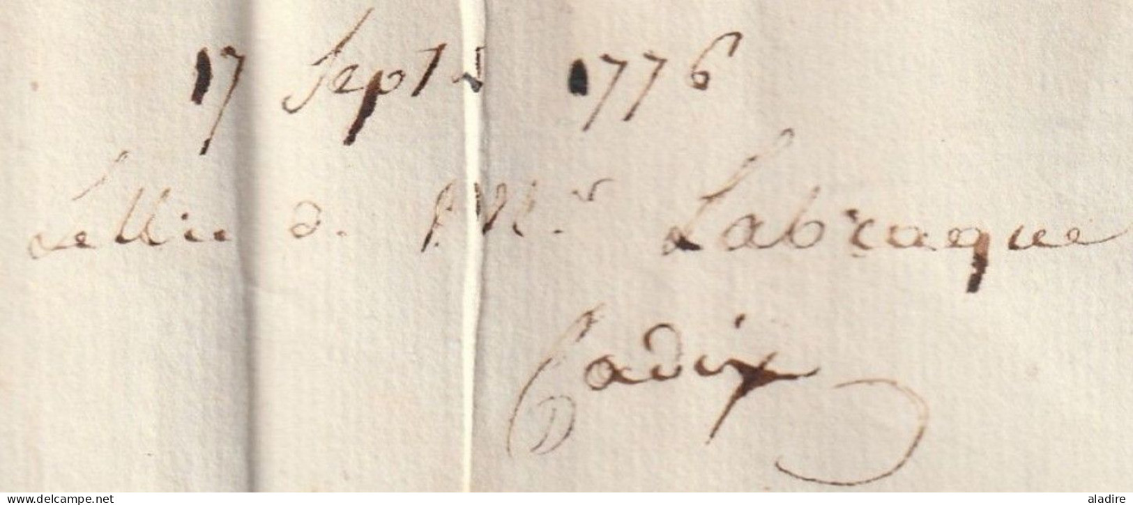 1776 - Lettre Pliée En Français De CADIZ Cadix, Espagne Vers PARIS, France - Marque Postale Andalucia Alta - Taxe 20 - ...-1850 Prefilatelia