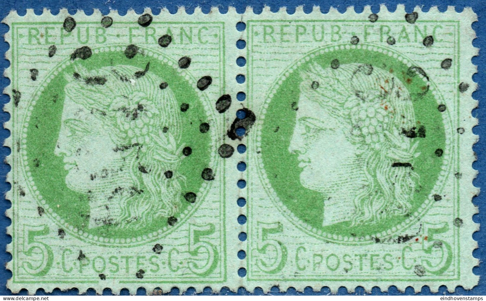 France 1871  5 C Paire Cancelled, Left Stamp Broken Frameline, Cadre Brisé - 1871-1875 Ceres