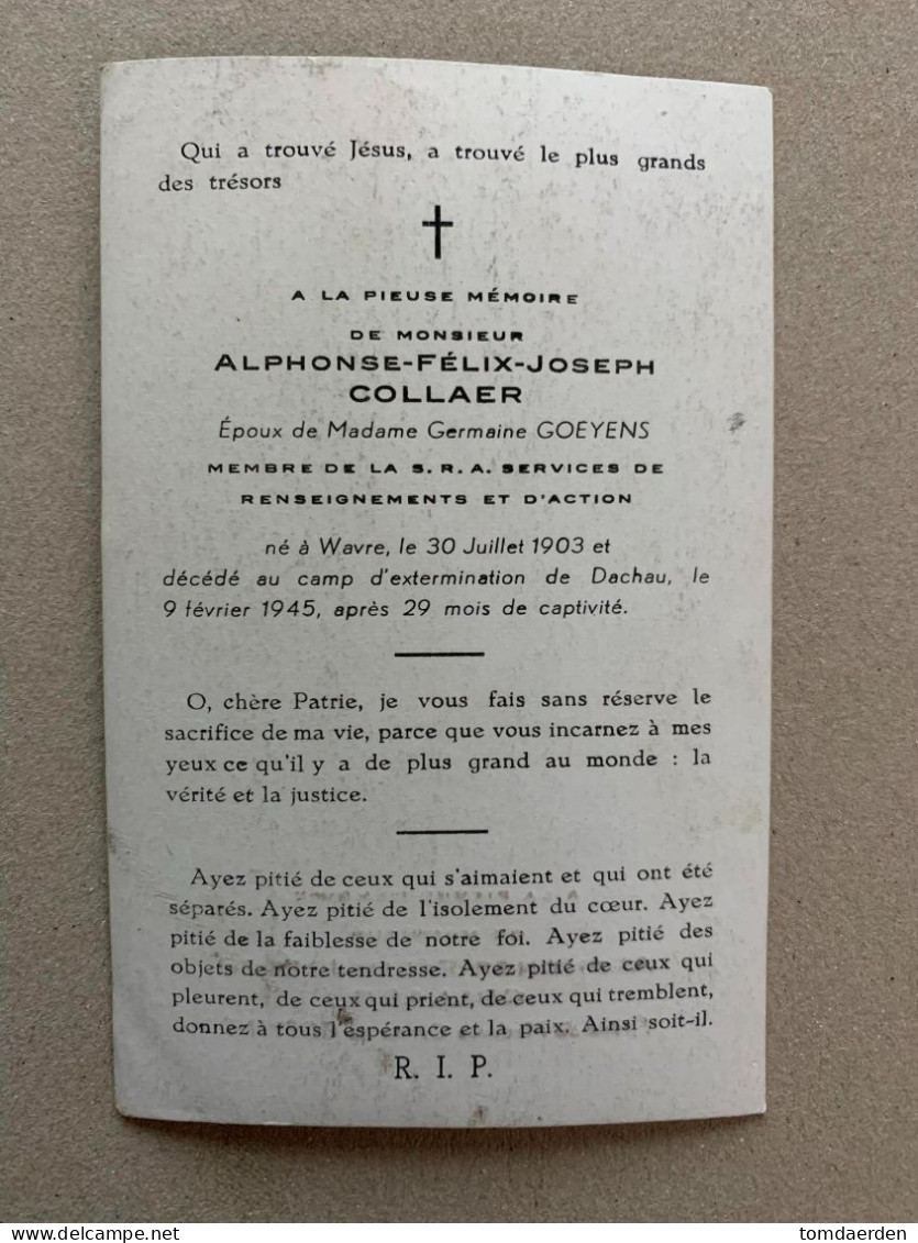 BP Weerstander SRA Alphonse Collaer - Goeyens Wavre Waver 1903 Concentration Campe Dachau 1945 Gevangen Gevangenenkamp - Imágenes Religiosas