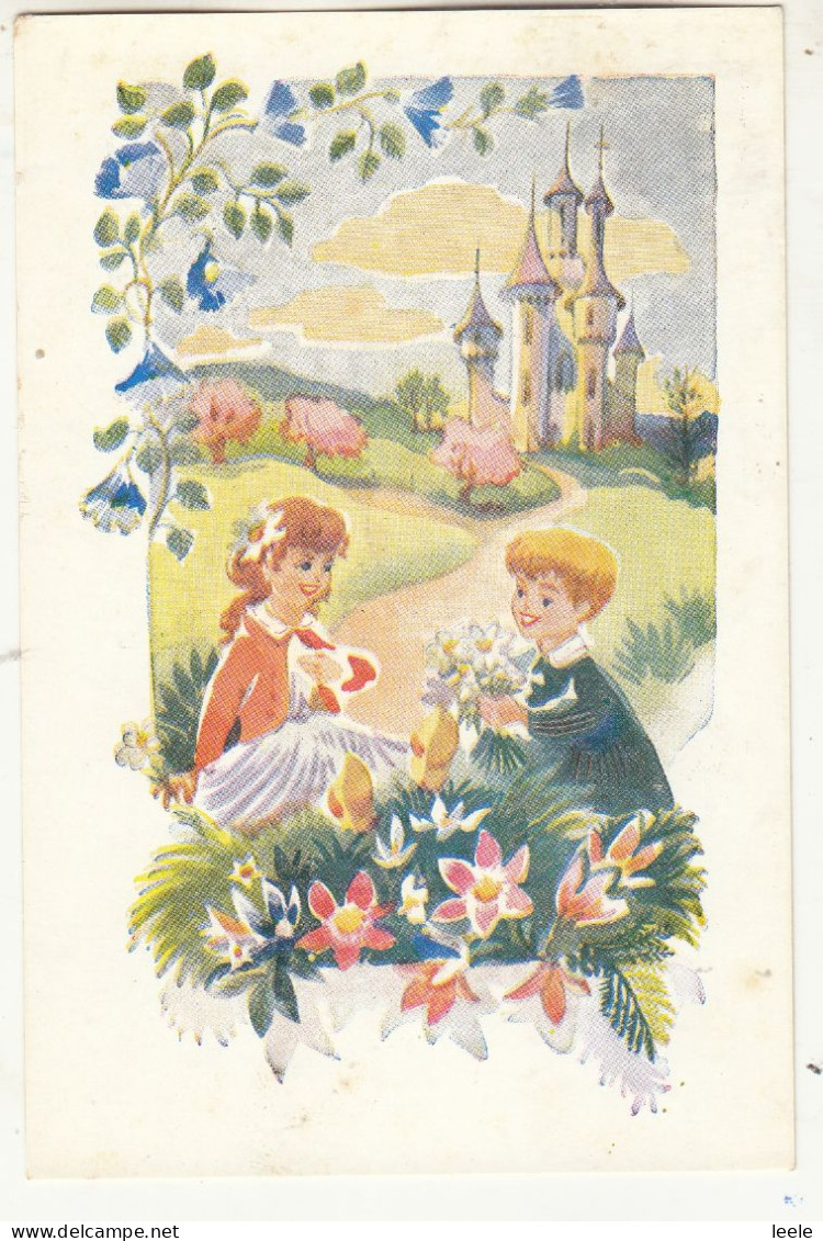 CP41.  Vintage Postcard.  Boy Giving A Girl Flowers Outside A Castle. - Gruppi Di Bambini & Famiglie