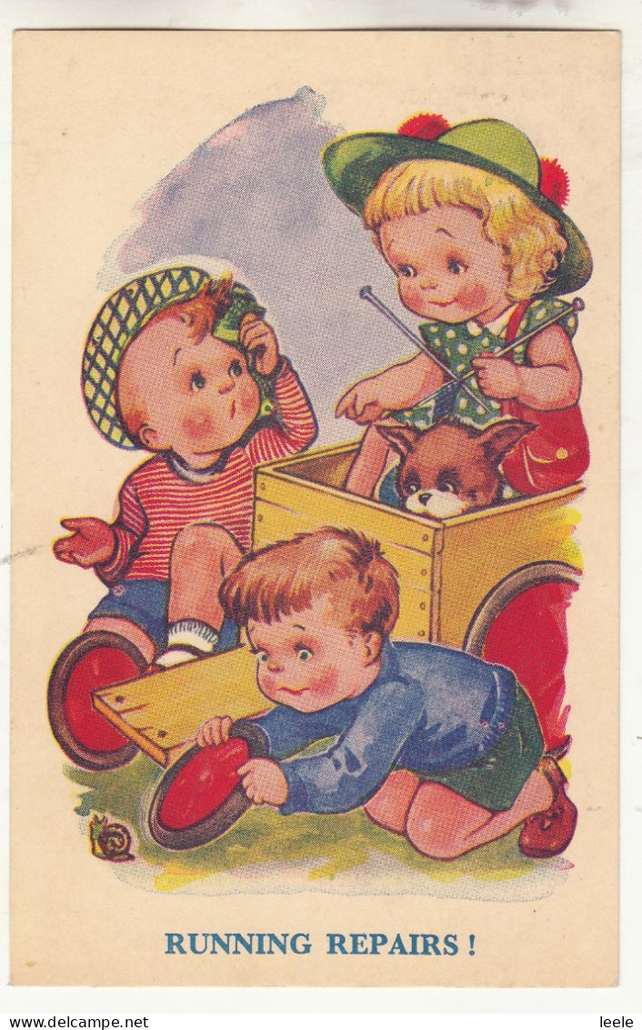 CP40. Vintage Comic Postcard. Running Repairs. Children Mending Go Cart. - Humorous Cards