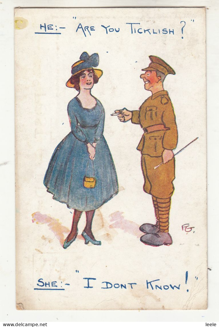 CP32. Vintage Comic Postcard.  Soldier To Lady. Are You Ticklish? I Don't Know! - Humor