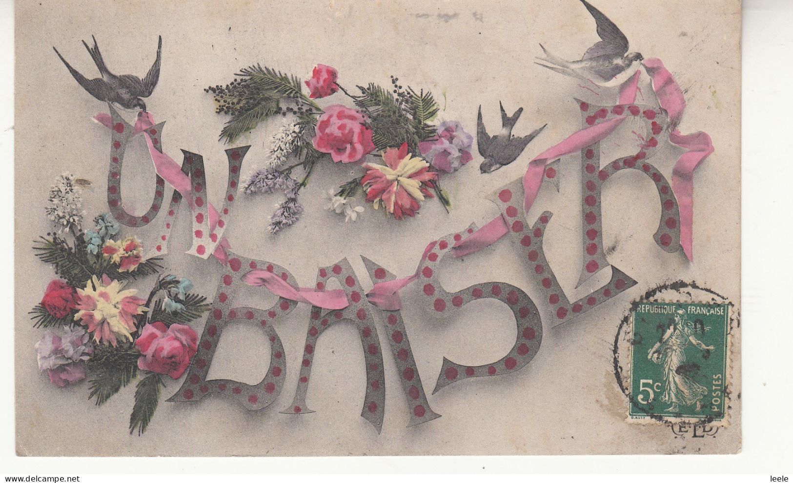 CP100. Vintage French Greetings Postcard. A Kiss. Un Baiser And Flowers - Flowers