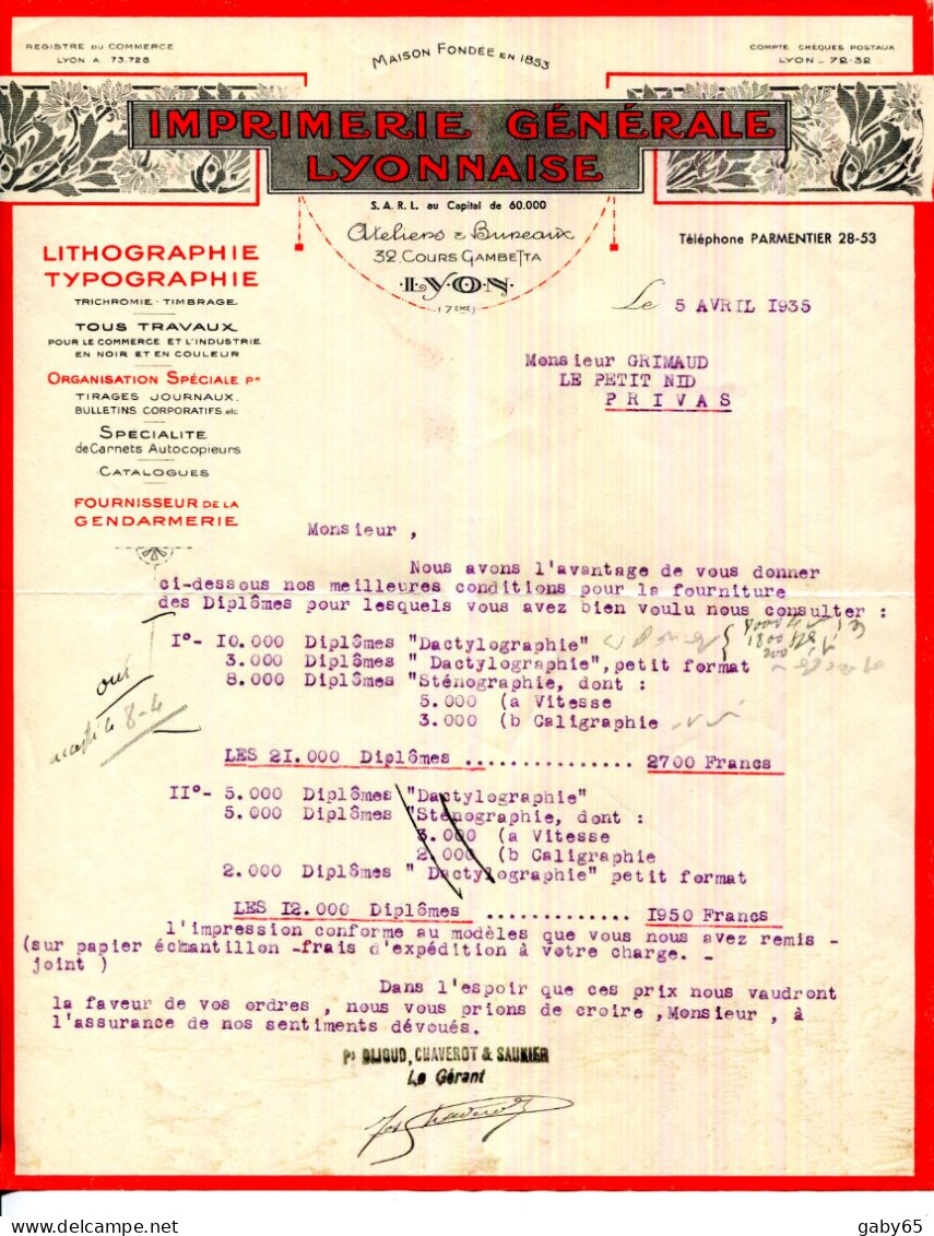 FACTURE.LYON.LITHOGRAPHIE.TYPOGRAPHIE.IMPRIMERIE GÉNÉRALE LYONNAISE 32 COURS GAMBETTA. - Stamperia & Cartoleria