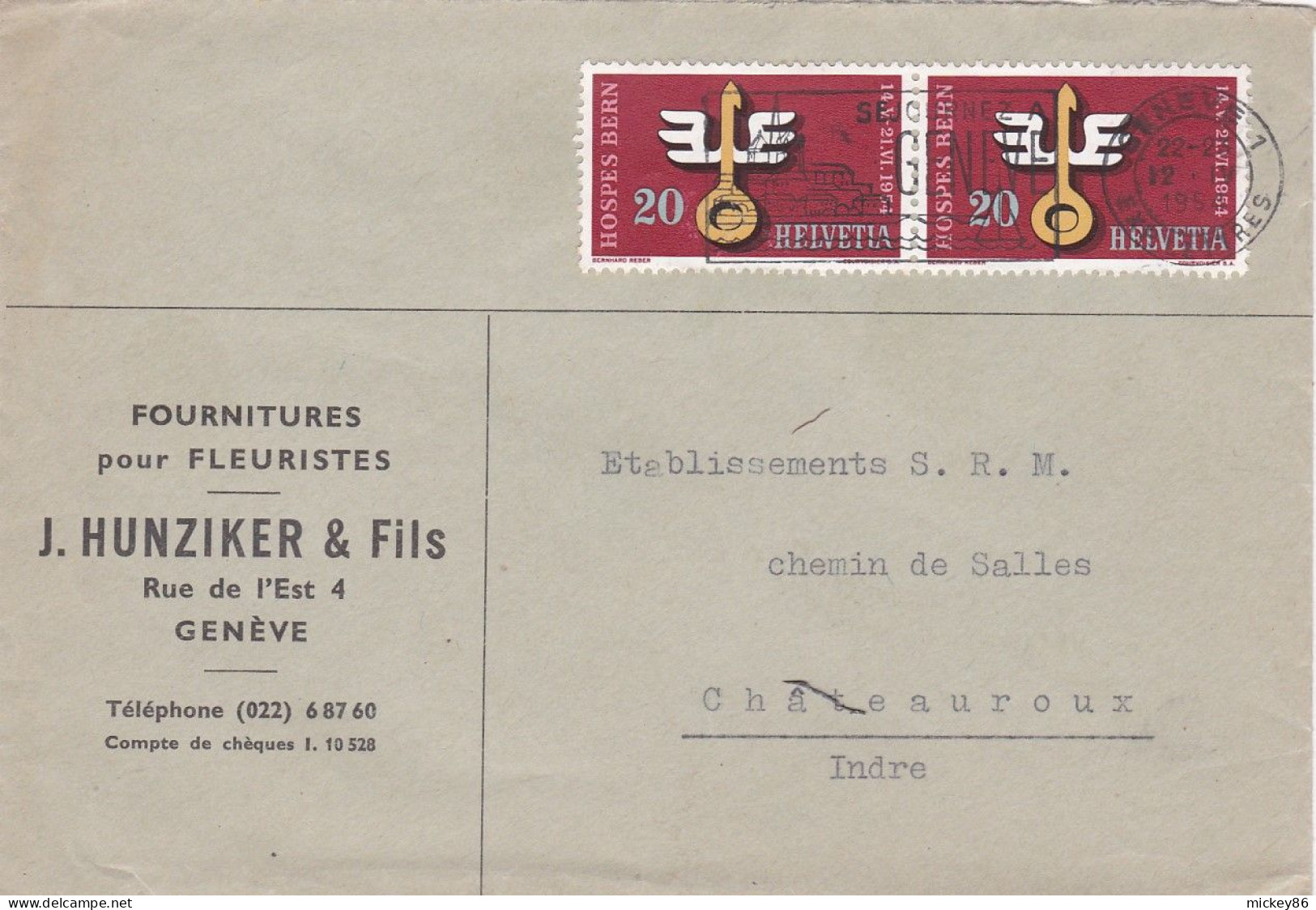 SUISSE-1954--Lettre De GENEVE Pour CHATEAUROUX-36 (France) ..paire Timbres HOSPES BERN..personnalisée Hunziker & Fils -- - Covers & Documents