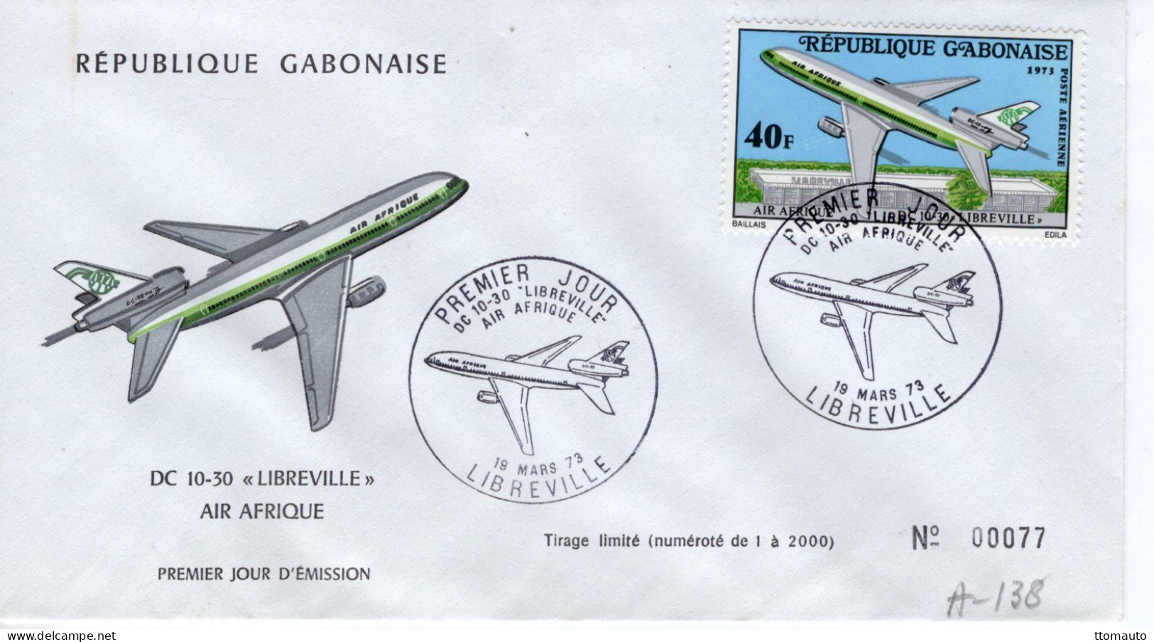 Gabonaise FDC - DC 10-30 ''Libreville'' - Air Afrique - 1v Envelope Prémier Jour - Aviones