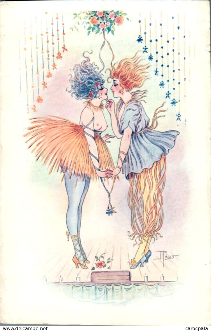 Carte 1900 Illustration Signée Mécas Ou Pécas ? :femmes Qui S'aiment , S'embrassent ,lesbiennes ?  (seins Nus) - Sonstige & Ohne Zuordnung