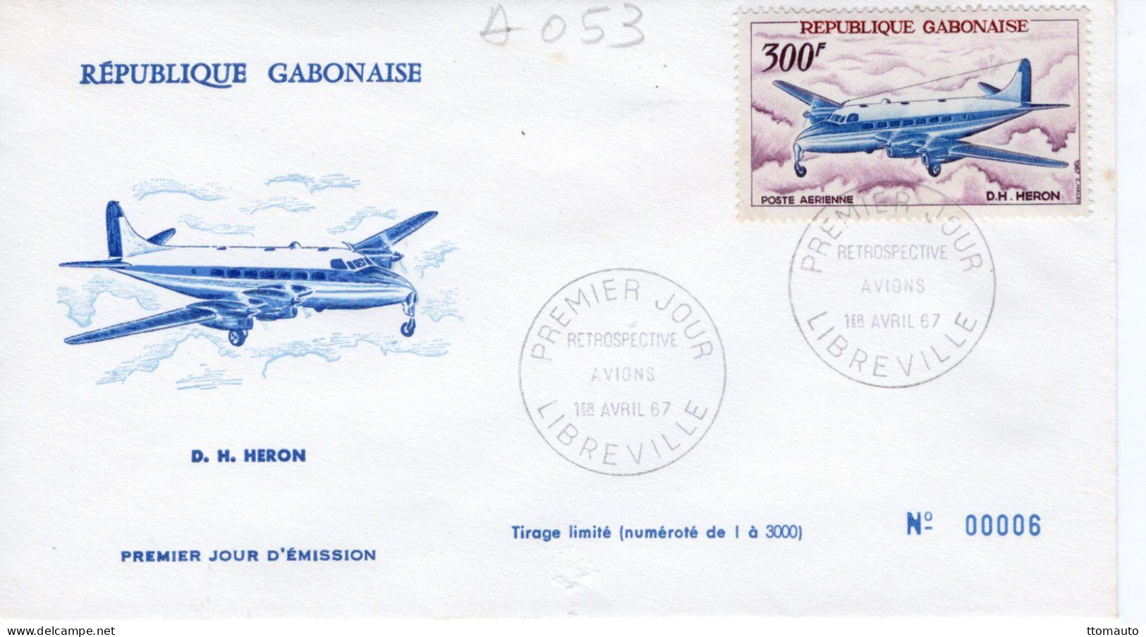 Gabonaise FDC - D.H. Heron - 1v Envelope Prémier Jour - Avions