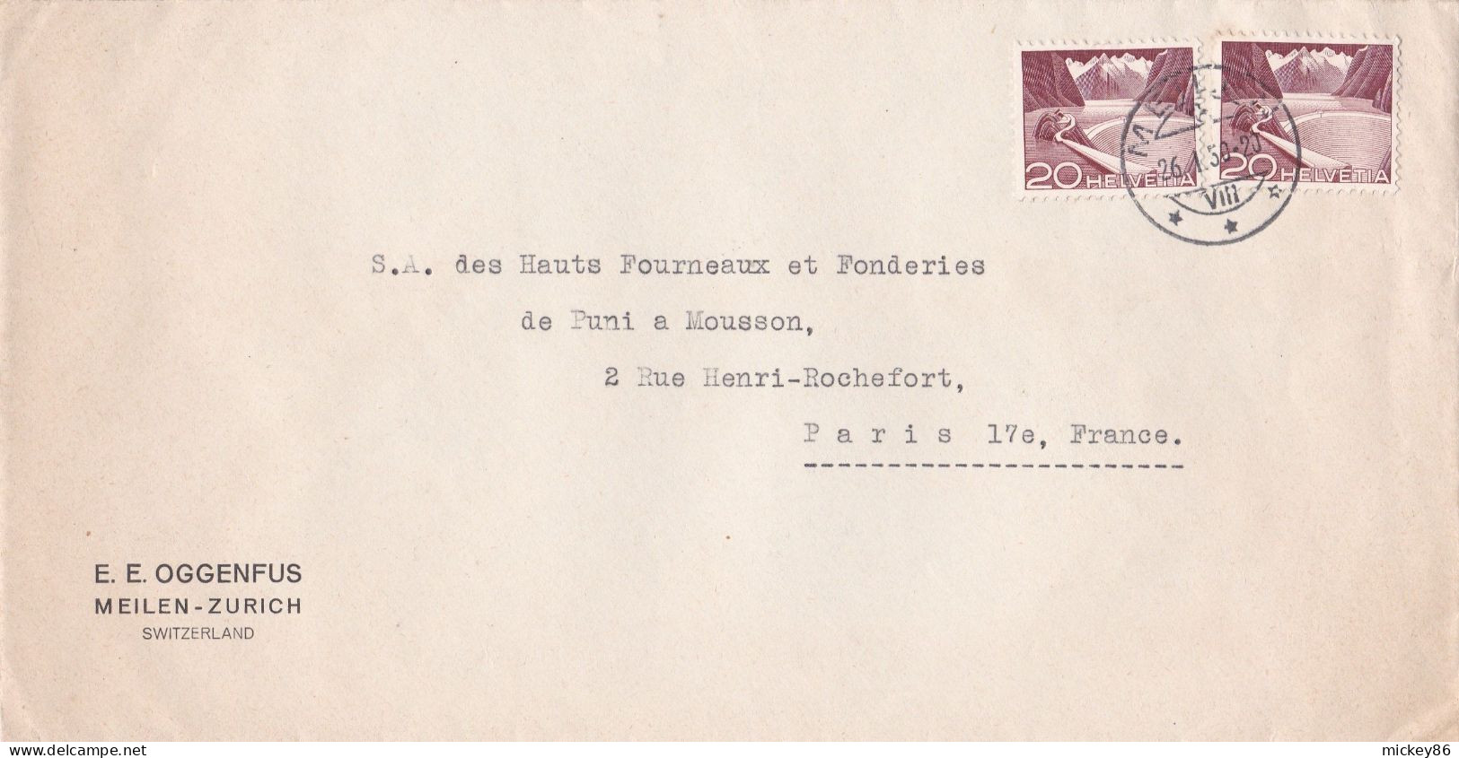 SUISSE--1950--Lettre De MEILEN-ZURICH  Pour PARIS-75 (France) ..timbres ..cachet....personnalisée E.E  OGGENFUS - Briefe U. Dokumente