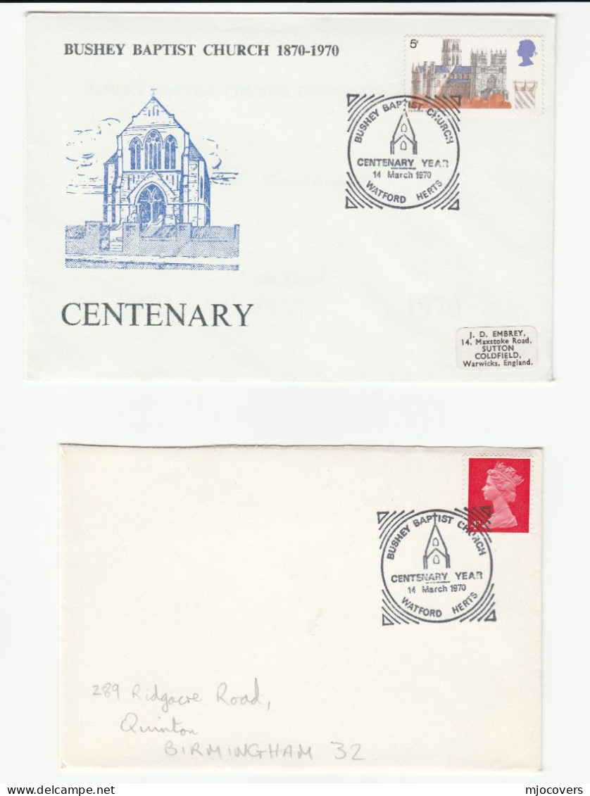 2 Diff BUSHEY BAPTIST CHURCH Centenary EVENT COVERS 1970 Watford Gb Stamps Cover Religion Christianity - Christentum