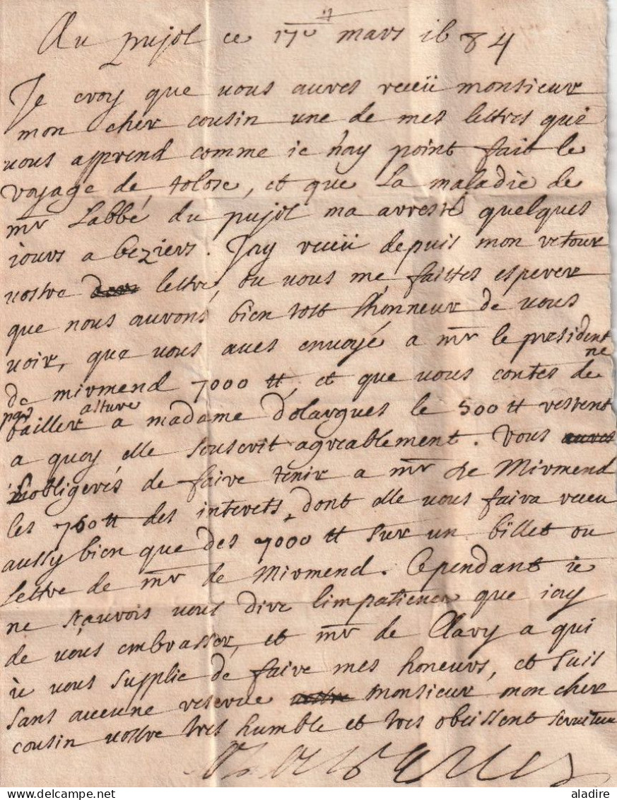 1684 - Belle Lettre Pliée Avec Correspondance Familiale De Le Pujol / Le Poujol Sur Orb Vers Montpellier Pour Saune ? - ....-1700: Vorläufer