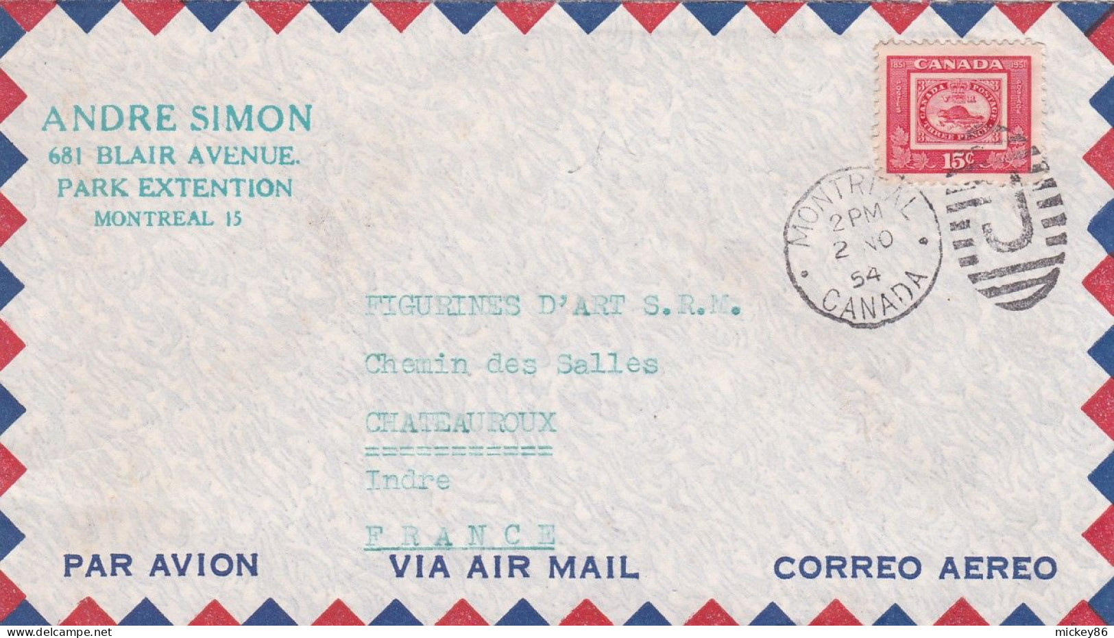 CANADA--1950--Lettre De MONTREAL Pour CHATEAUROUX-36 (France) ..timbre ..cachet  2 NO 1954....personnalisée André Simon - Storia Postale