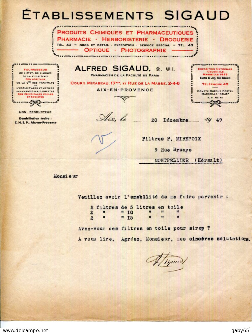 FACTURE13.AIX EN PROVENCE.PRODUITS CHIMIQUES & PHARMACEUTIQUE.OPTIQUE.PHOTOGRAPHIE.A.SIGAUD PHARMACIEN. - Perfumería & Droguería