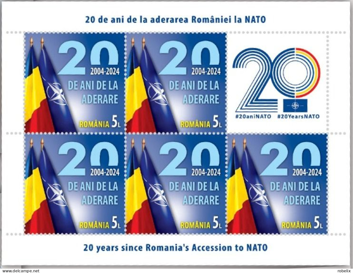 ROMANIA 2024 - 20 YEARS SINCE ROMANIA’S ACCESSION TO NATO  Minisheet Of 5 Stamps +1 Label MNH** - NAVO