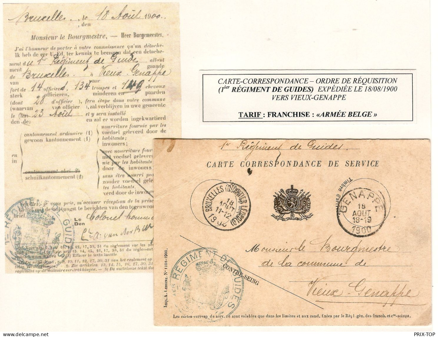 CP De Service Franchise 1er Régiment De Guides Obl. BXL (Quartier Léopold) 18/8/1900 > Bourgmestre Genappe C. D'arrivée - Franchise