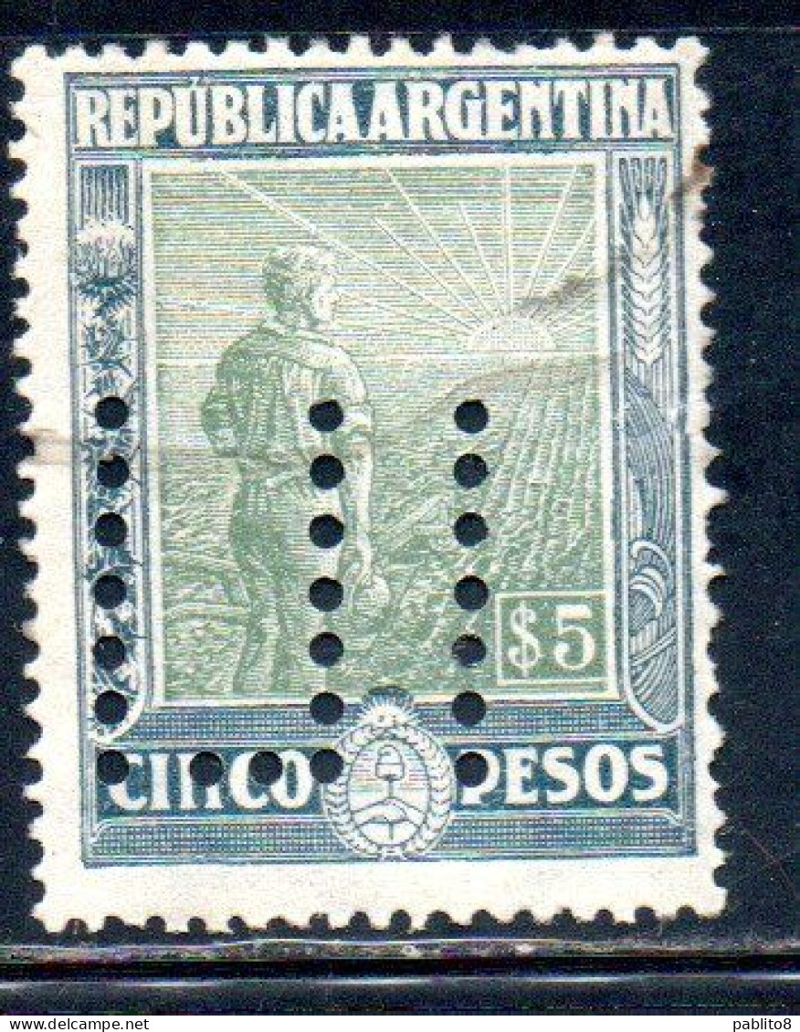 ARGENTINA 1912 1913 PERFIN AGRICULTURE 5p USED USADO OBLITERE' - Oblitérés
