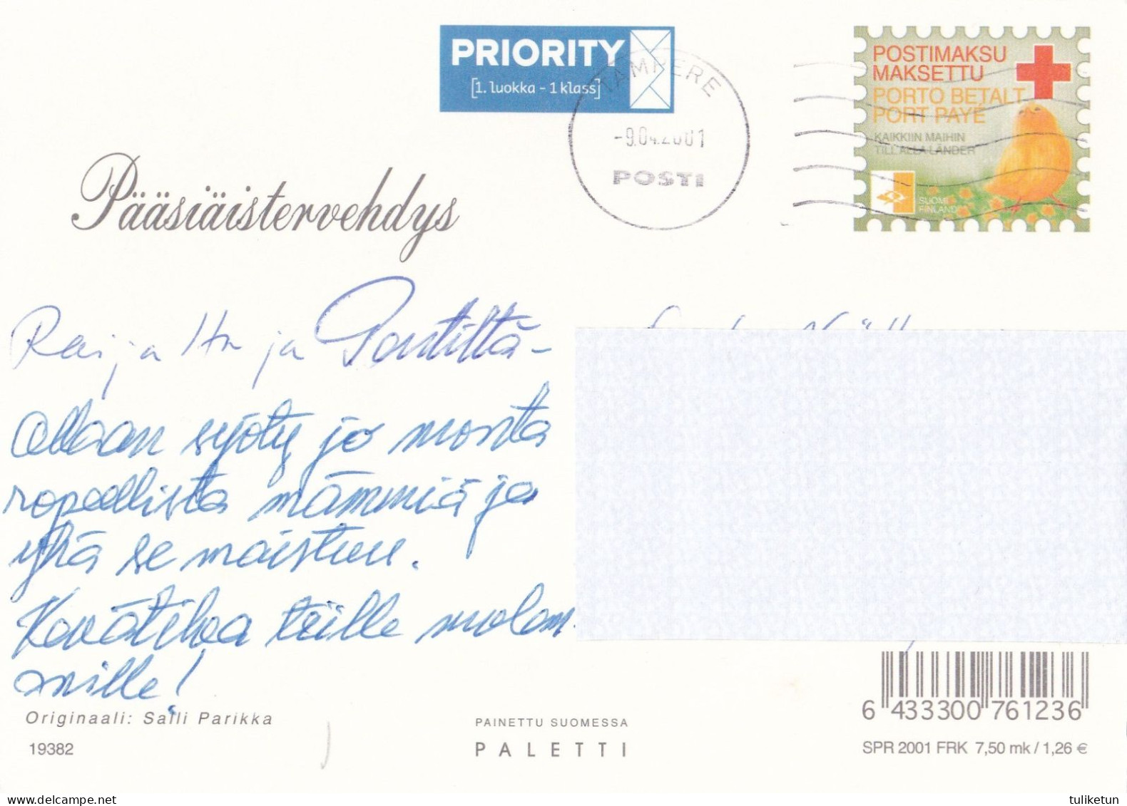 Postal Stationery - Easter - Daffodils - Girl Holding Eggs - Red Cross 2001 - Suomi Finland - Postage Paid - Entiers Postaux