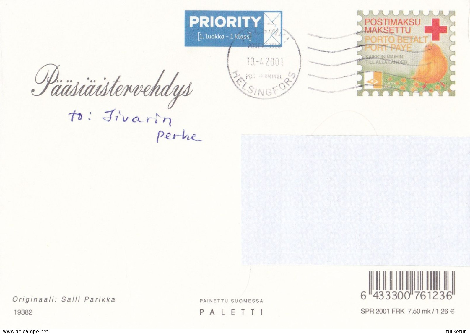 Postal Stationery - Easter - Daffodils - Girl Holding Eggs - Red Cross 2001 - Suomi Finland - Postage Paid - Postal Stationery