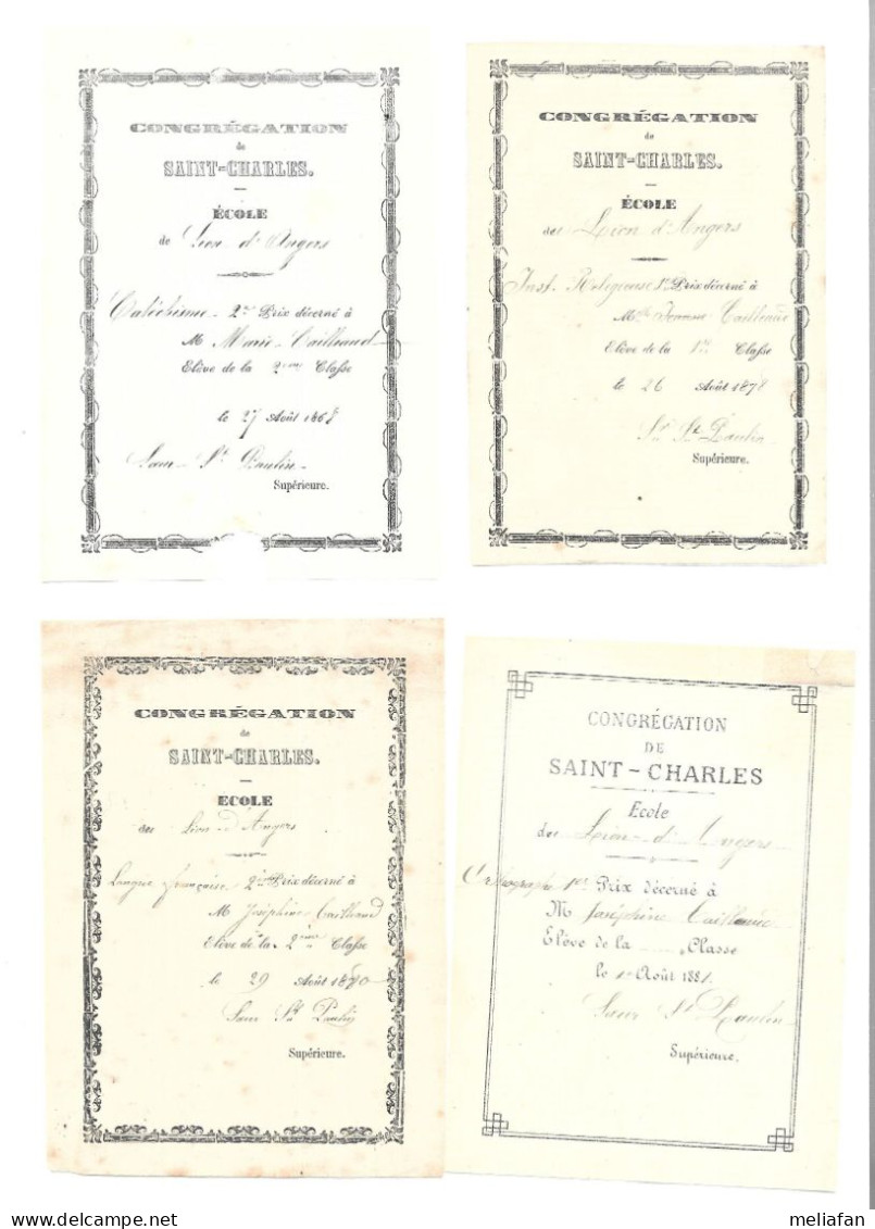 KB1597 - BULLETINS DE PRIX ECOLE SAINT CHARLES LE LION D'ANGERS - MARIE ET JOSEPHINE CAILLEAUD - VERS 1880 - Diploma's En Schoolrapporten