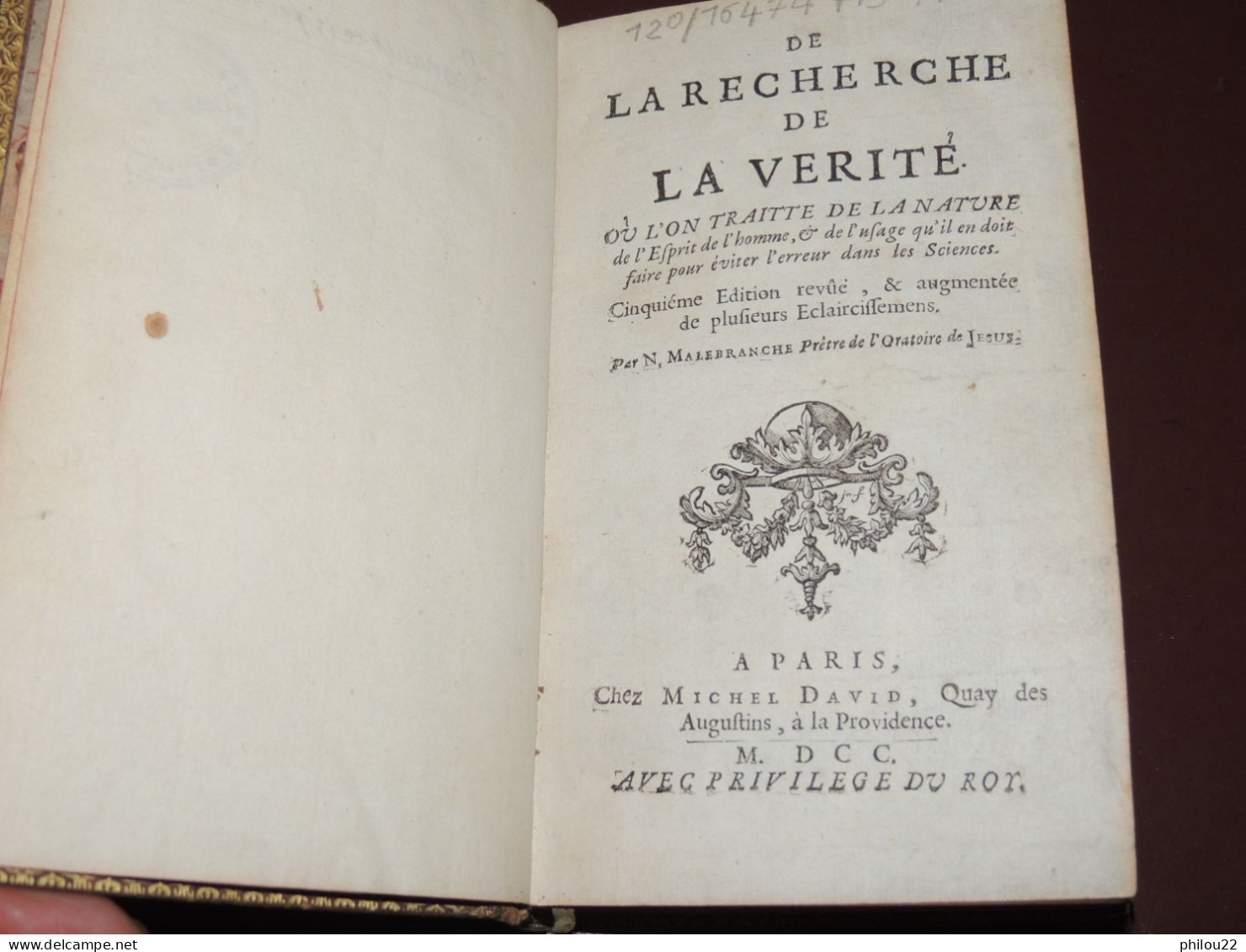 MALEBRANCHE  De La Recherche De La Vérité... Philosophie  Théologie  3 Vol. 1700 - Ante 18imo Secolo