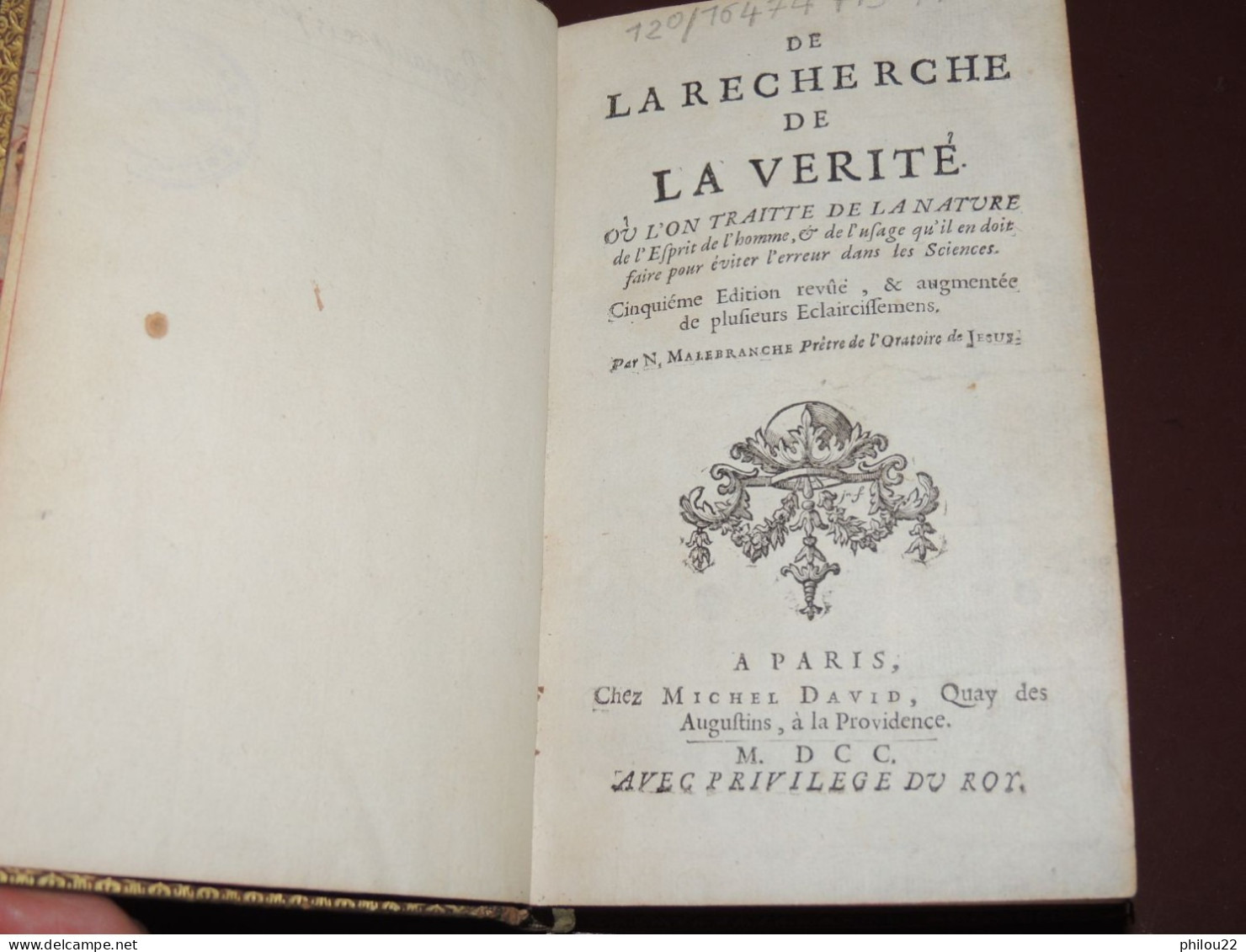 MALEBRANCHE  De La Recherche De La Vérité... Philosophie  Théologie  3 Vol. 1700 - Antes De 18avo Siglo