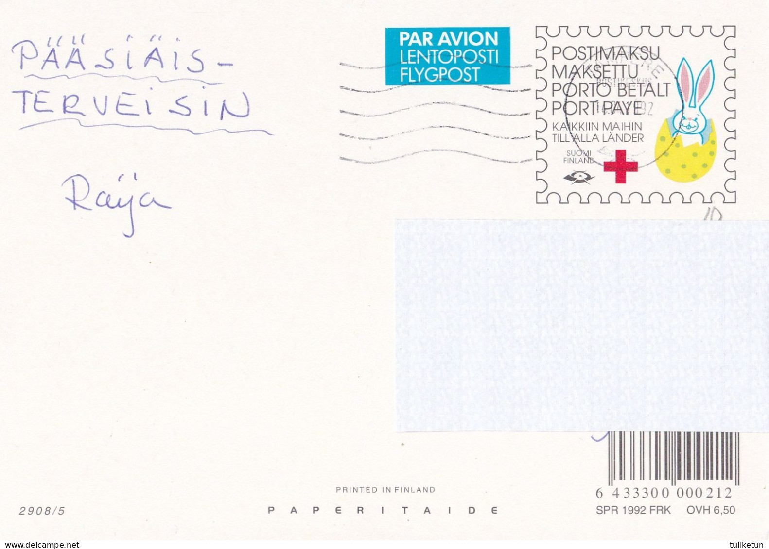 Postal Stationery - Chicks - Easter Eggs - Red Cross 1992 - Suomi Finland - Postage Paid - Lars Carlsson - Enteros Postales