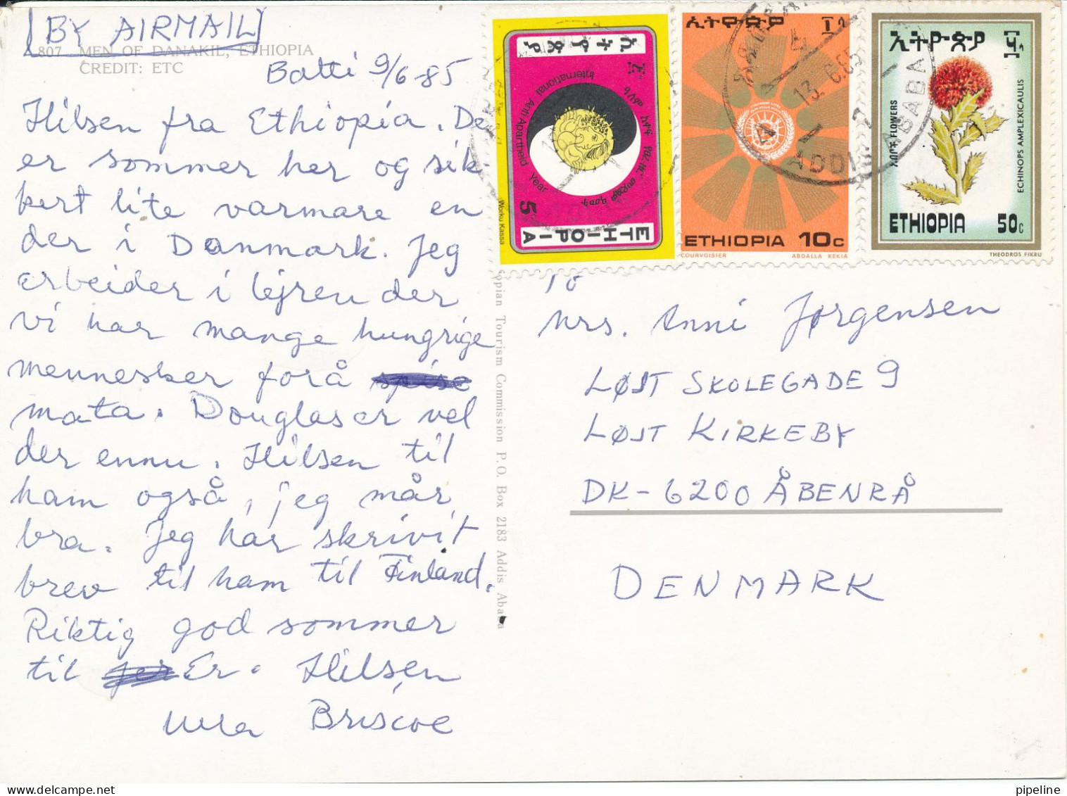 Ethiopia Postcard Sent To Denmark 13-6-1985 (Men Of Danakil) - Ethiopie