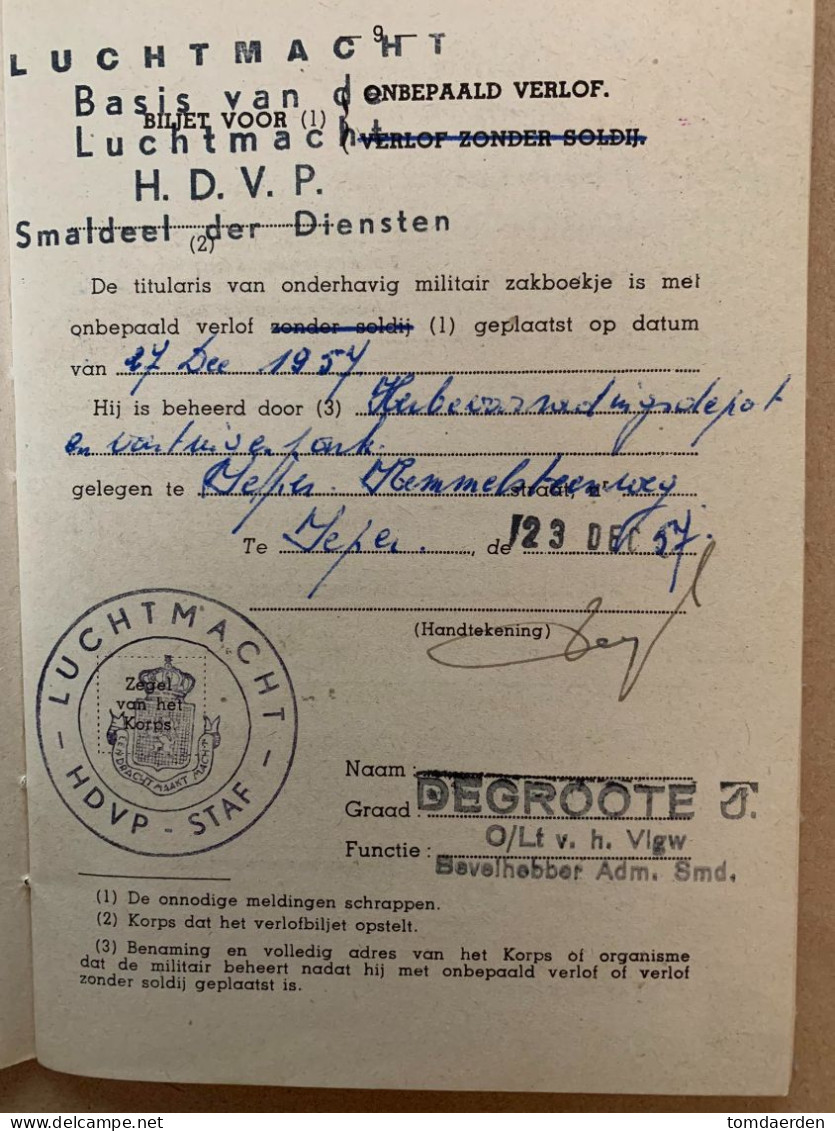 Militair Zakboekje Aelbrecht Paul 1935 1956 Dendermonde Kerkhofstraat  Officierenschool Luchtmacht Nijvel - Documents