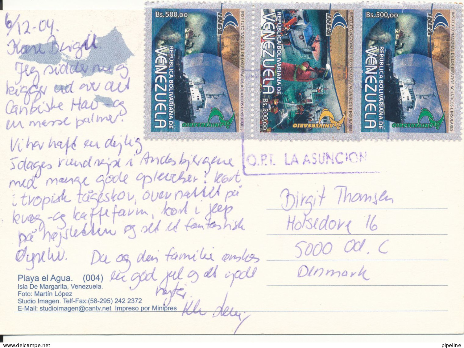 Venezuela Postcard Sent To Denmark 6-12-2004 (Playa El Agua Isle De Margarita) - Venezuela