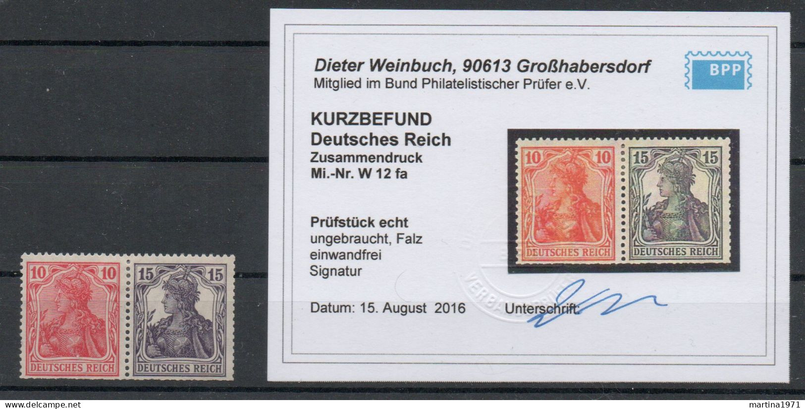 Z210/ Deutsches Reich Zusammendruck W12fa Mit Kurzbefund Weinbuch Ungebraucht/ * - Postzegelboekjes & Se-tenant