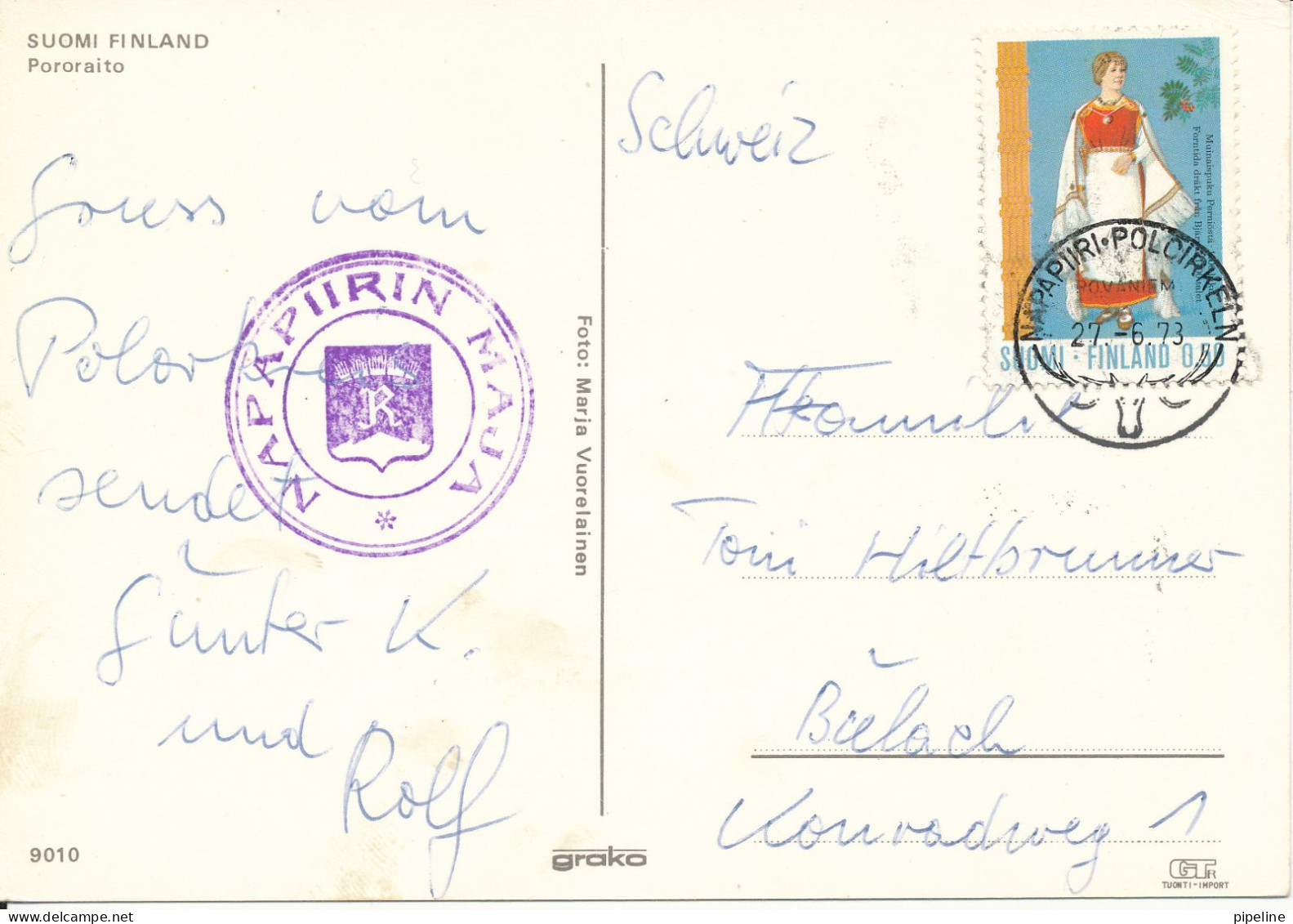 Finland Postcard Sent To Switzerland 27-6-1973 (Pororaito) - Finlandia