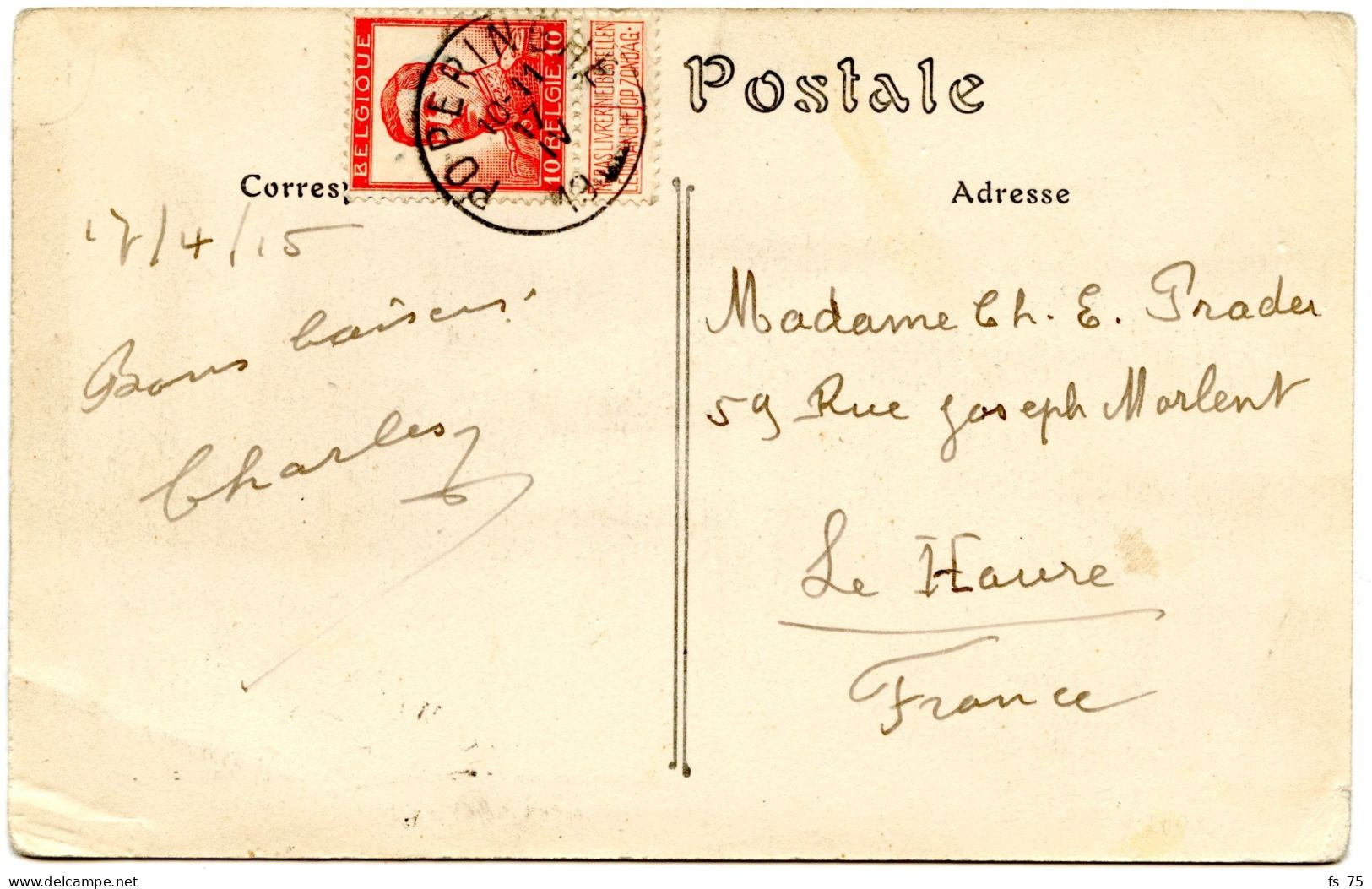 BELGIQUE - COB 111 SIMPLE CERCLE POPERINGHE SUR CARTE POSTALE, 1915 - Zona Non Occupata