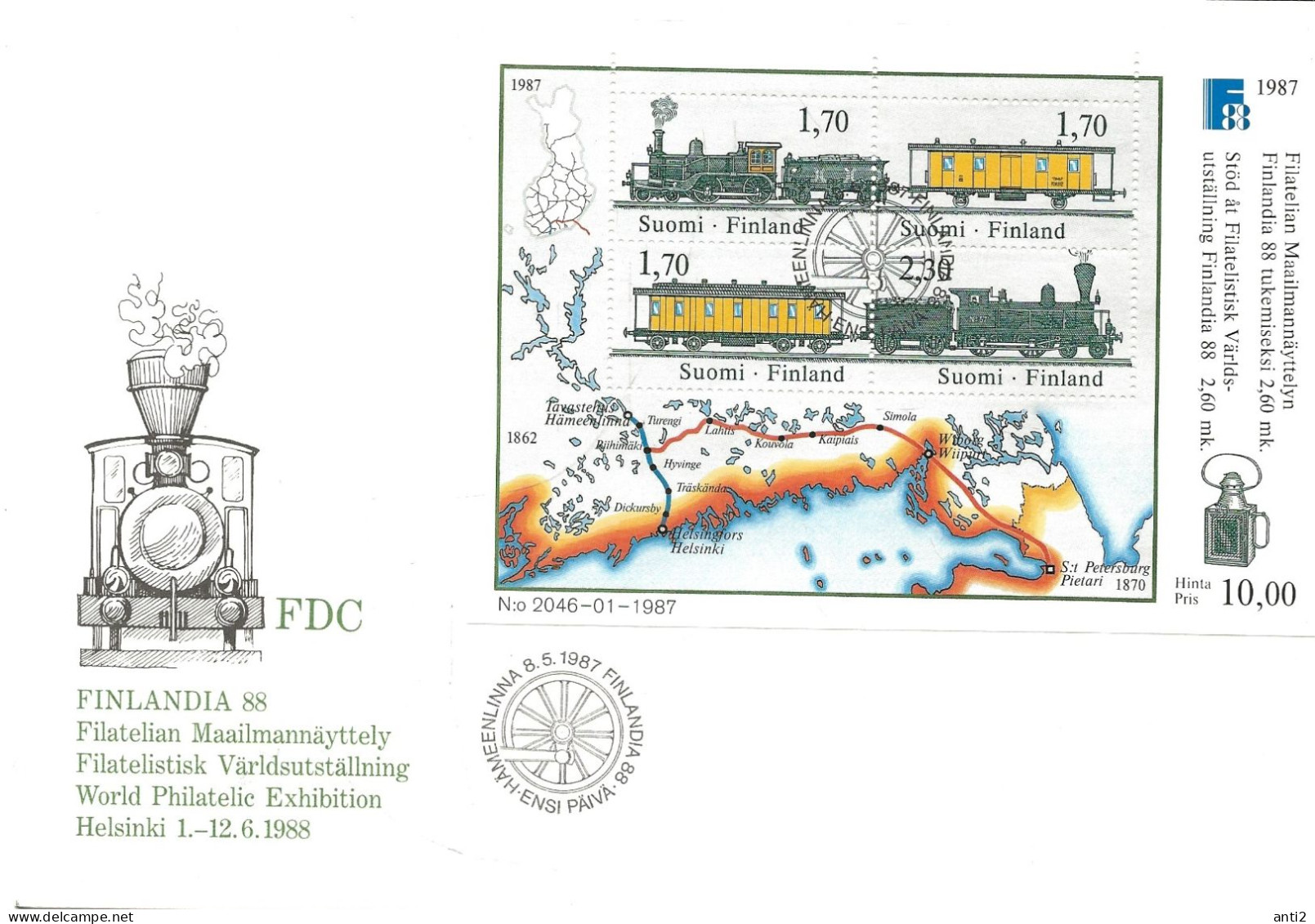 Finland   1987  International Stamp Exhibition FINLANDIA '88, Helsinki (III): Mail Carriage By Railroad. Mi Bloc 3  FDC - Lettres & Documents