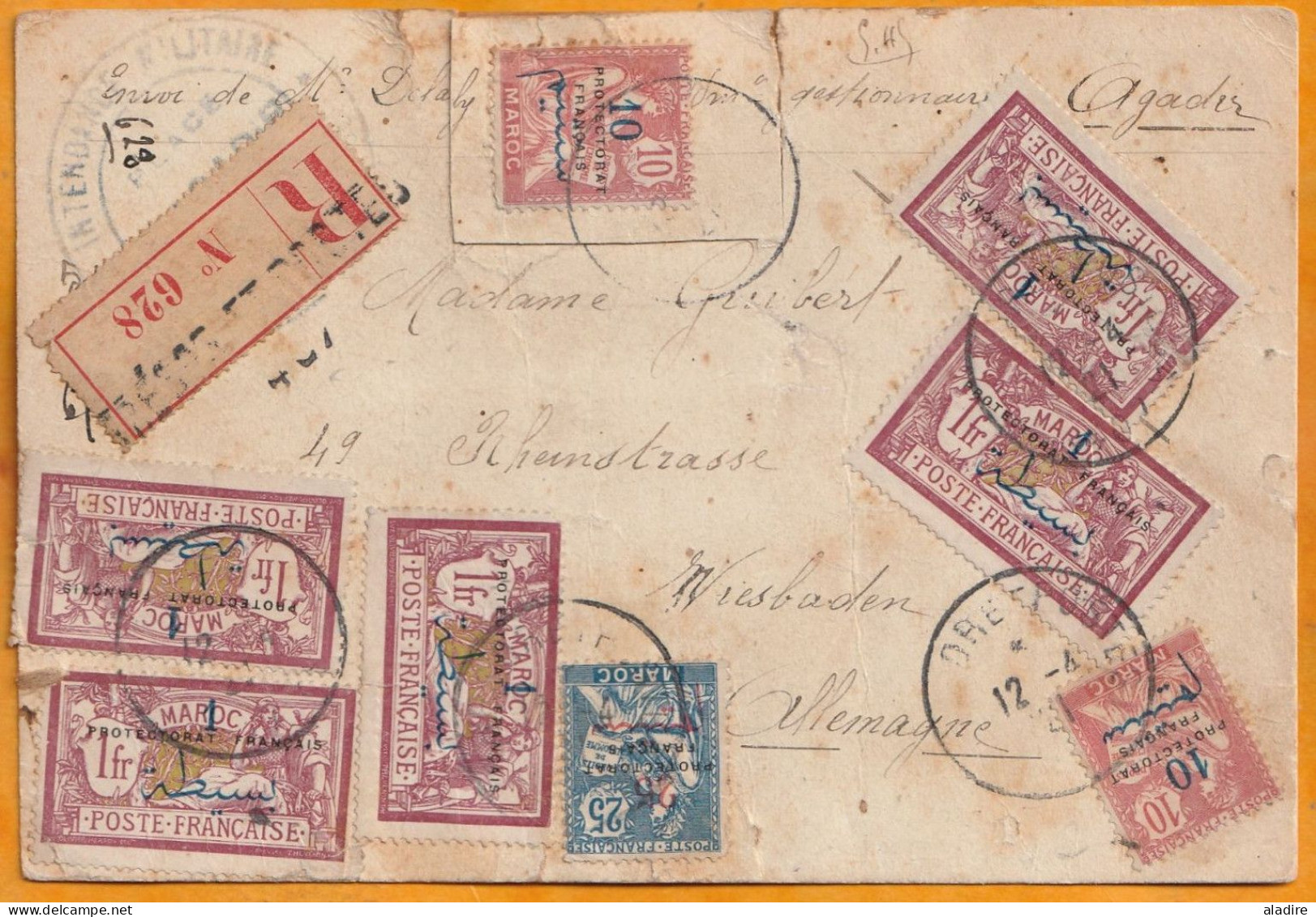 1921 - Carte Recommandée D' AGADIR, Maroc Vers WIESBADEN, Allemagne - Trésor Et Postes - Affrt 5 F 45 - Covers & Documents
