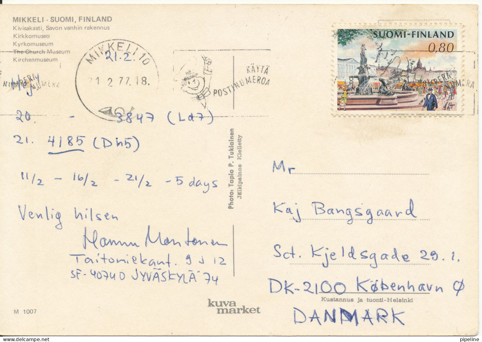 Finland Postcard Sent To Denmark Mikkeli 21-2-1977 (The Church Museum) - Finlandia