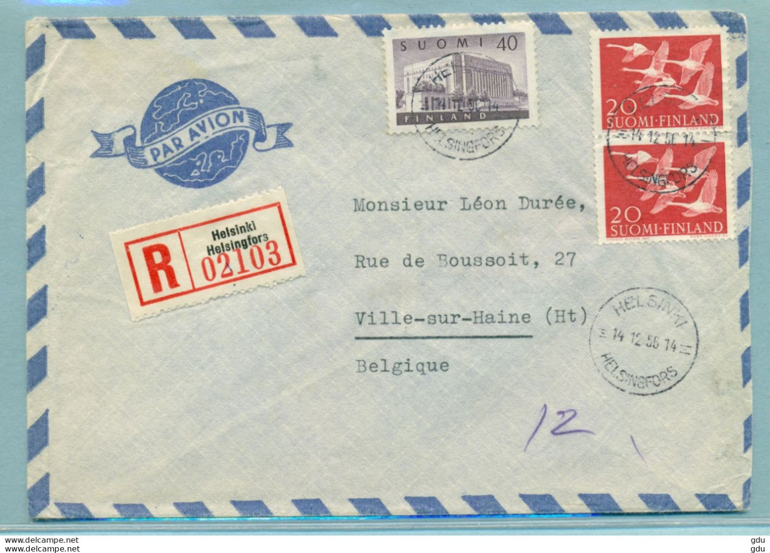 Registered Airpost Helsinki 1956 To Belgium - Sonstige & Ohne Zuordnung