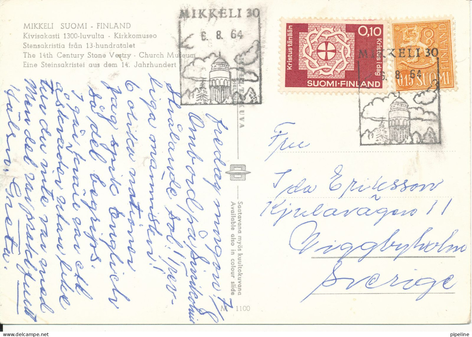 Finland Postcard Sent To Sweden Mikkeli 6-8-1964 (Church Museum) - Finlandia