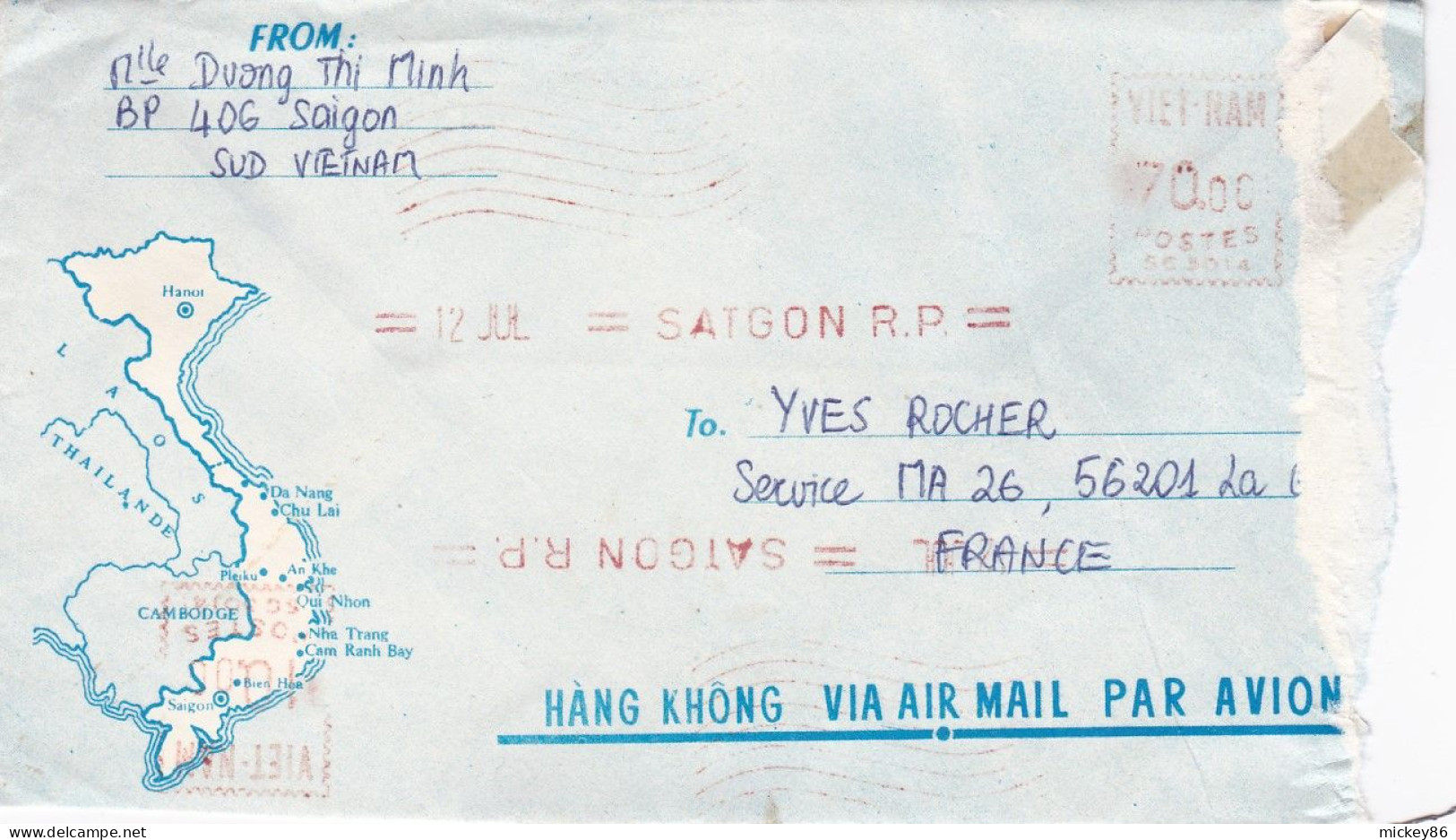 VIET NAM--Lettre De SAIGON Pour LA GACILLY-56 (France)...EMA ( 2 Passages)   Saigon RP.. - Vietnam