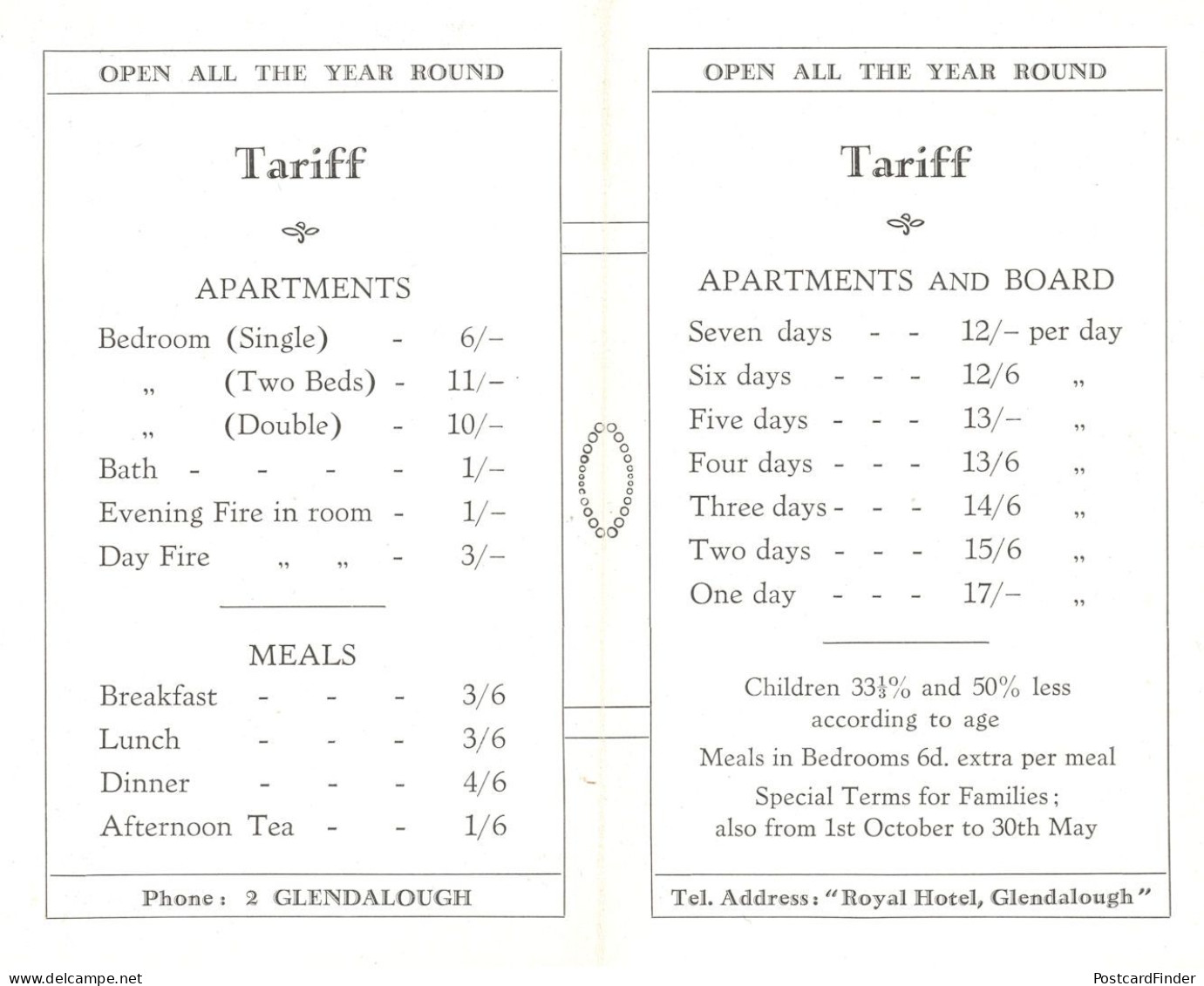 Royal Hotel Glendalough County Wicklow Irish Tariff Rare Postcard - Wicklow