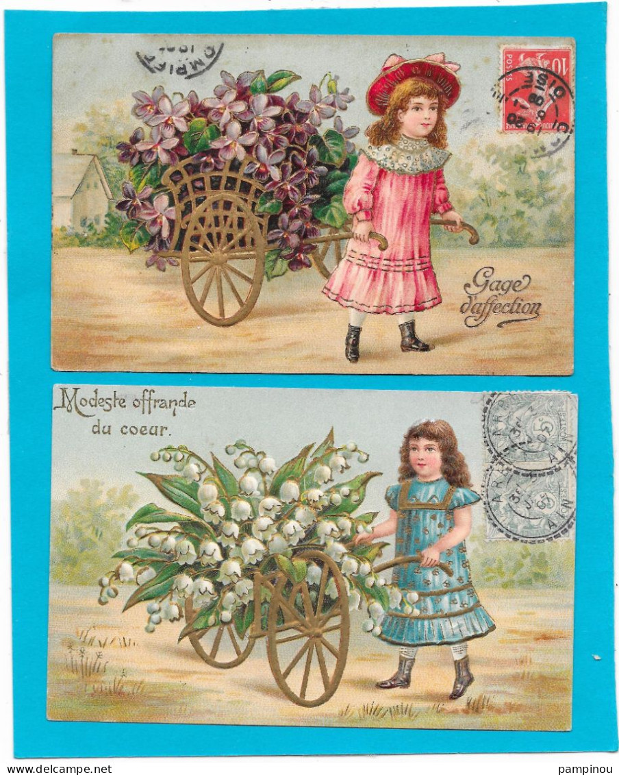 Gaufrée - Lot 2 Cpa Petites Filles, Charrettes De Muguet Et Violettes - Autres & Non Classés